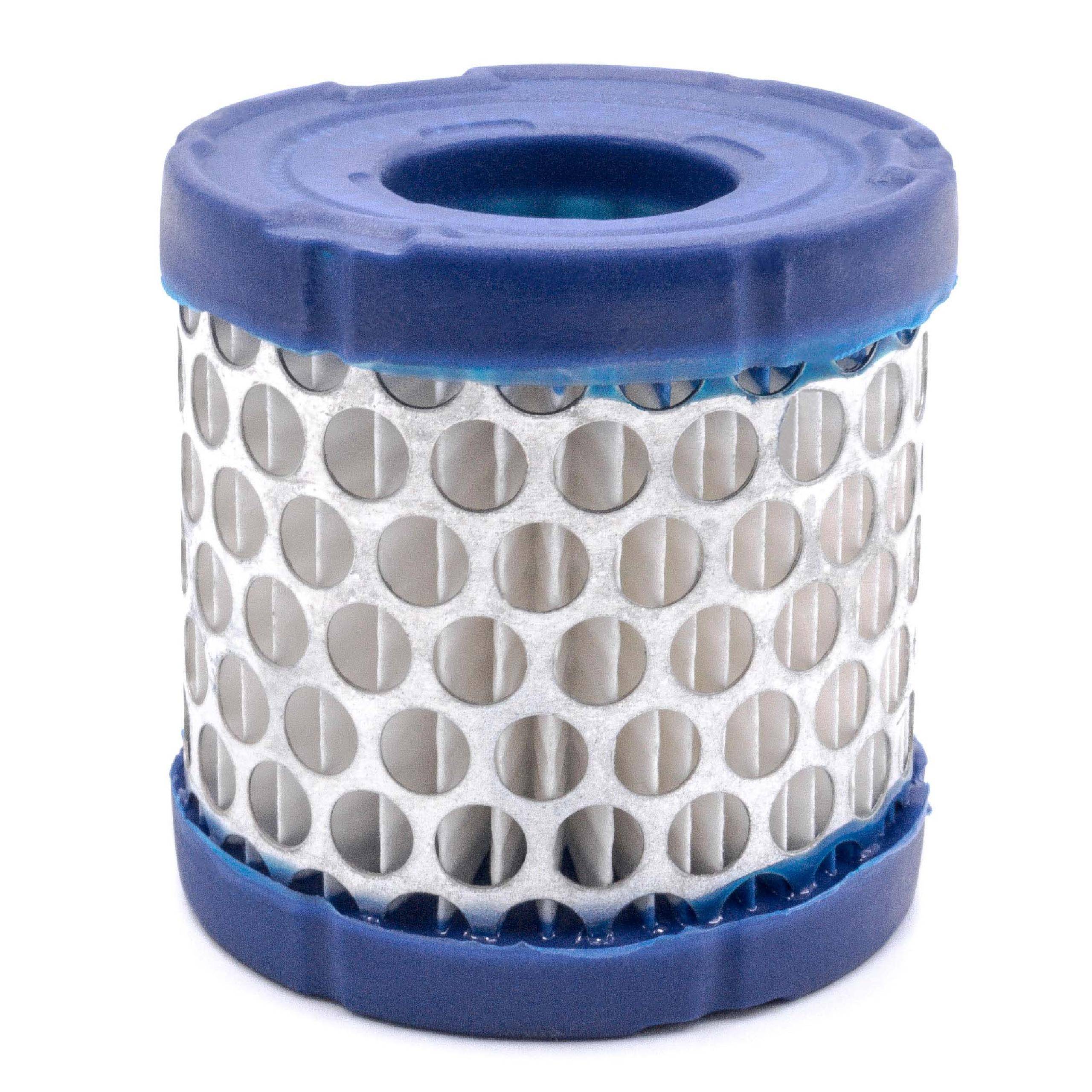 Zylindrische Metallgitter-Luftfilterpatrone mit blauen Kunststoffendkappen auf weißem Hintergrund.