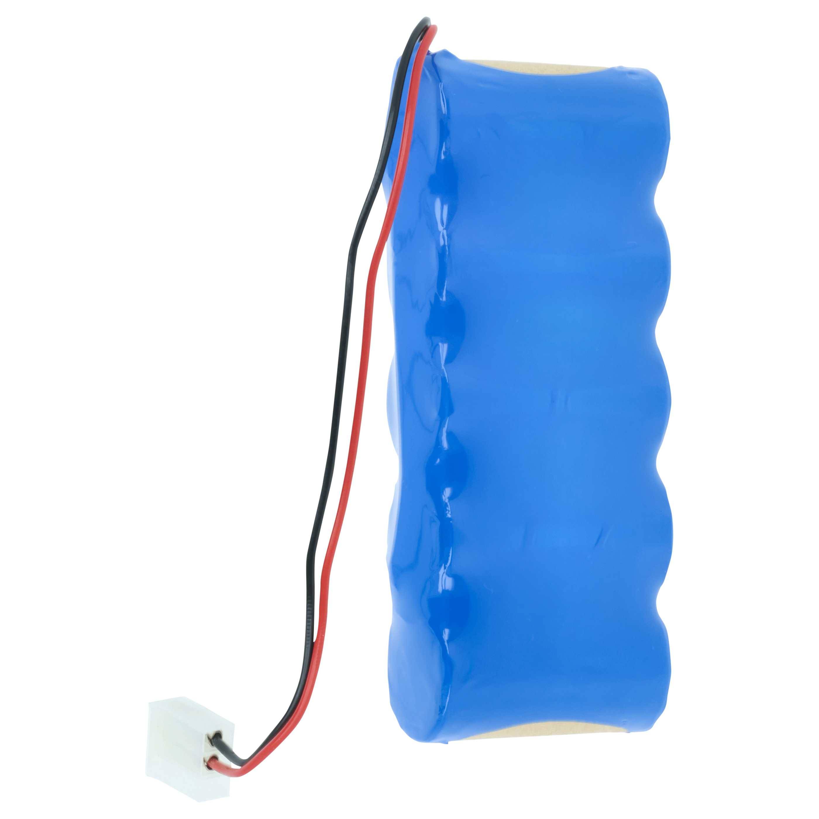 Eine blaue, zylindrische Batterieverpackung mit roten und schwarzen Kabeln und einem weißen Anschluss, entwickelt für elektronische Geräte.