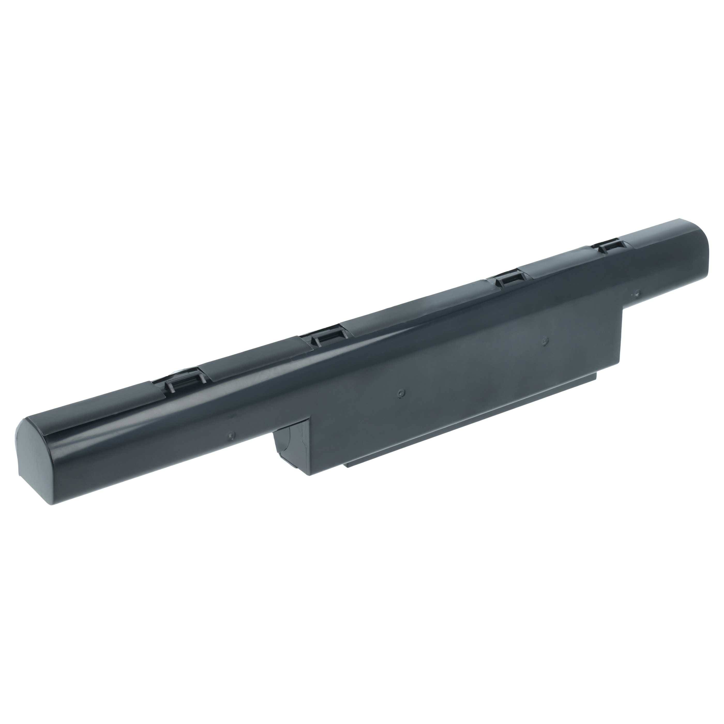 Eine schwarze Laptopbatterie mit zylindrischer Form und mehreren Anschlüssen, die zur tragbaren Stromversorgung in kompatiblen Laptopmodellen verwendet wird.