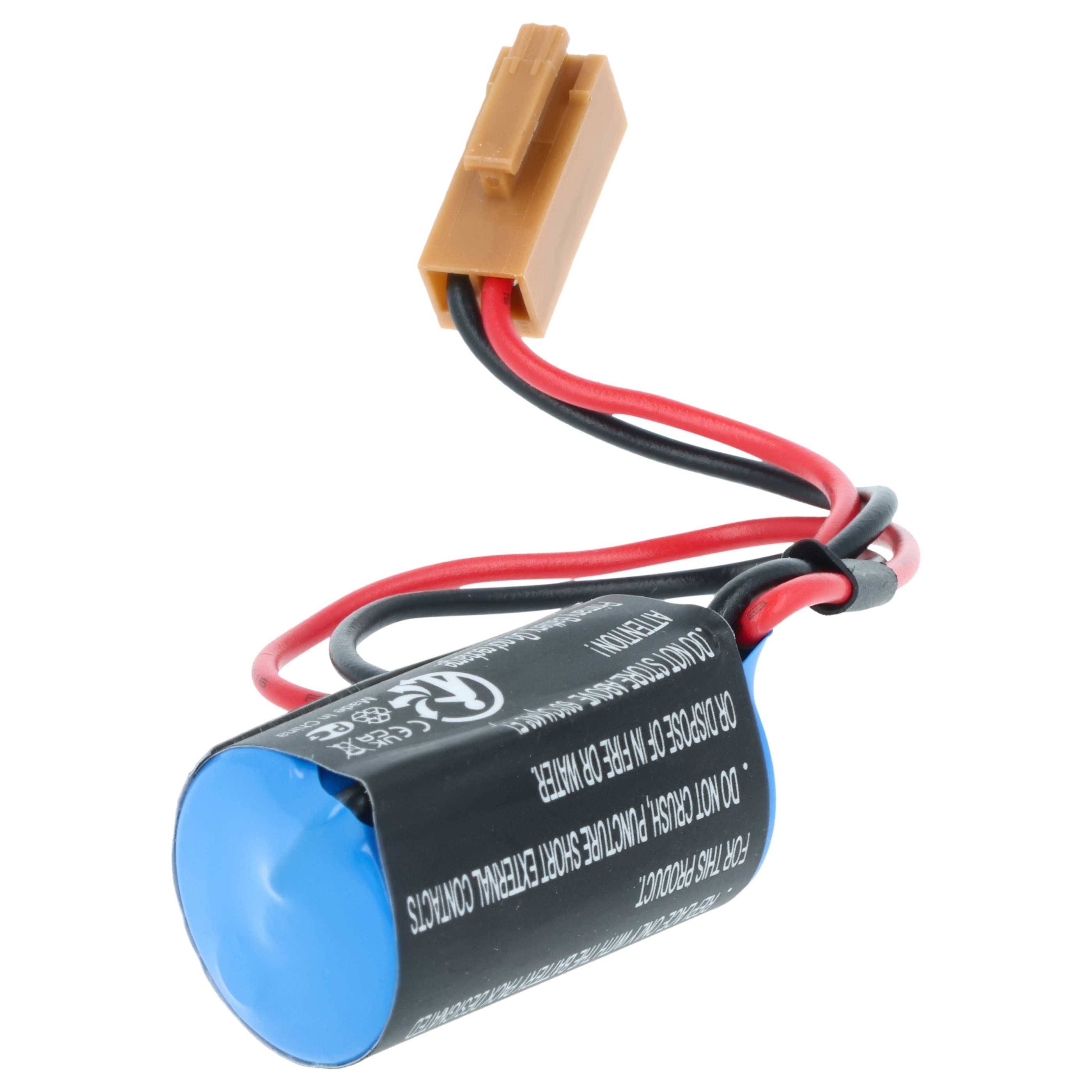 Eine blaue zylindrische Batterie mit roten und schwarzen Kabeln und einem beigen Anschluss, versehen mit Sicherheitshinweisen und Zertifizierungszeichen.