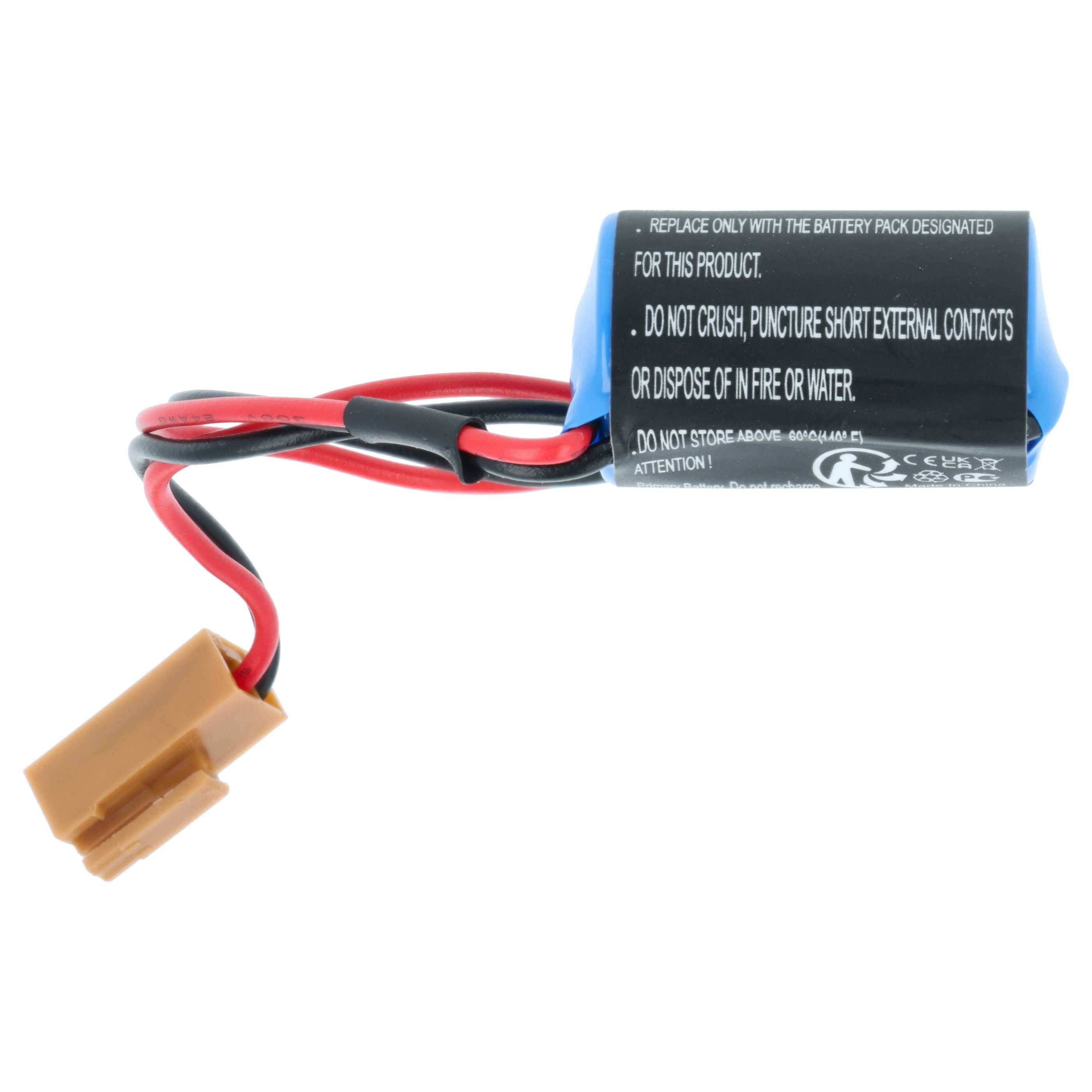 Eine blaue und schwarze zylindrische Batterie mit Drähten und einem braunen Anschluss. Warnhinweise beinhalten: 'Nicht zerquetschen, durchstechen, Außenkontakte nicht kurzschließen.