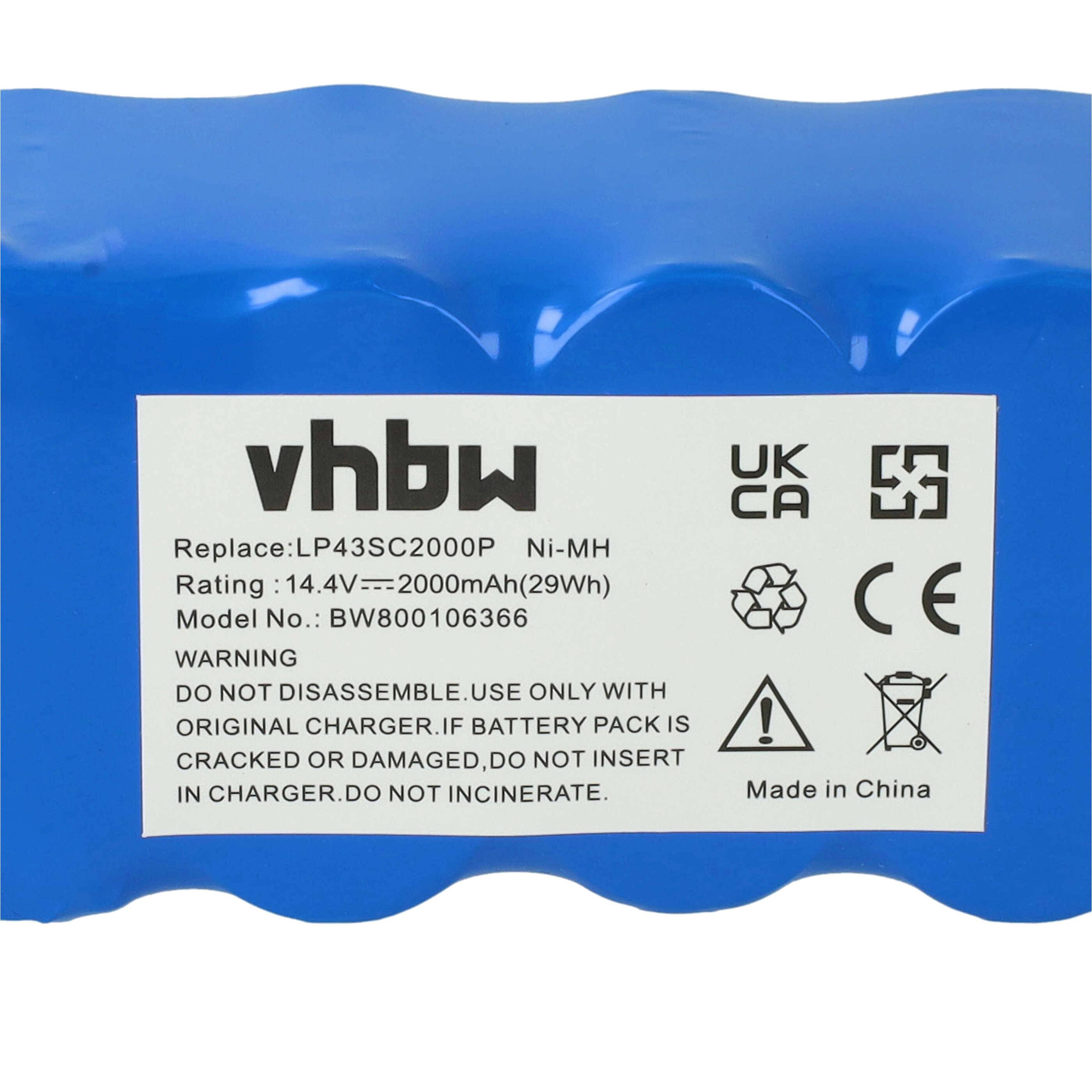 vhbw Akku Ersatz für LP43SC2000P für Profimaster Robot 2712 | Ariete Briciola 2711, 2712, 2713, 2717, Evolution 2.0 Saugroboter (2000mAh, 14.4V, Ni-