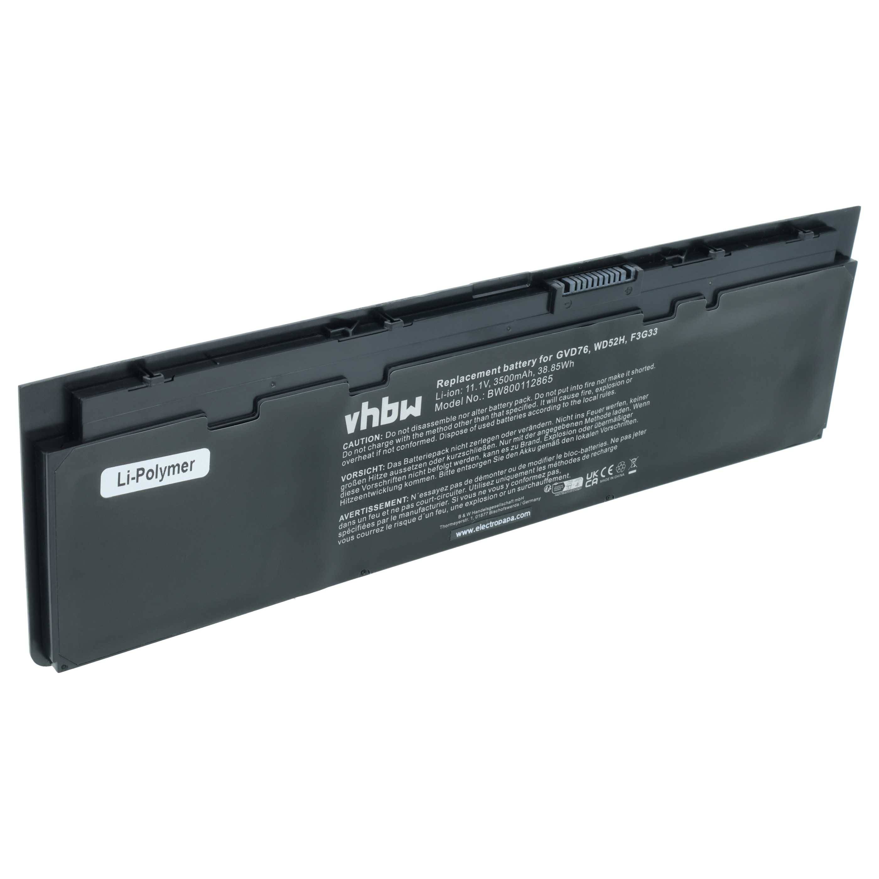 vhbw Ersatzbatterie für GW07XL, WD06, FK030' Li-Polymer-Batterie mit technischen Spezifikationen und Sicherheitshinweisen sichtbar.