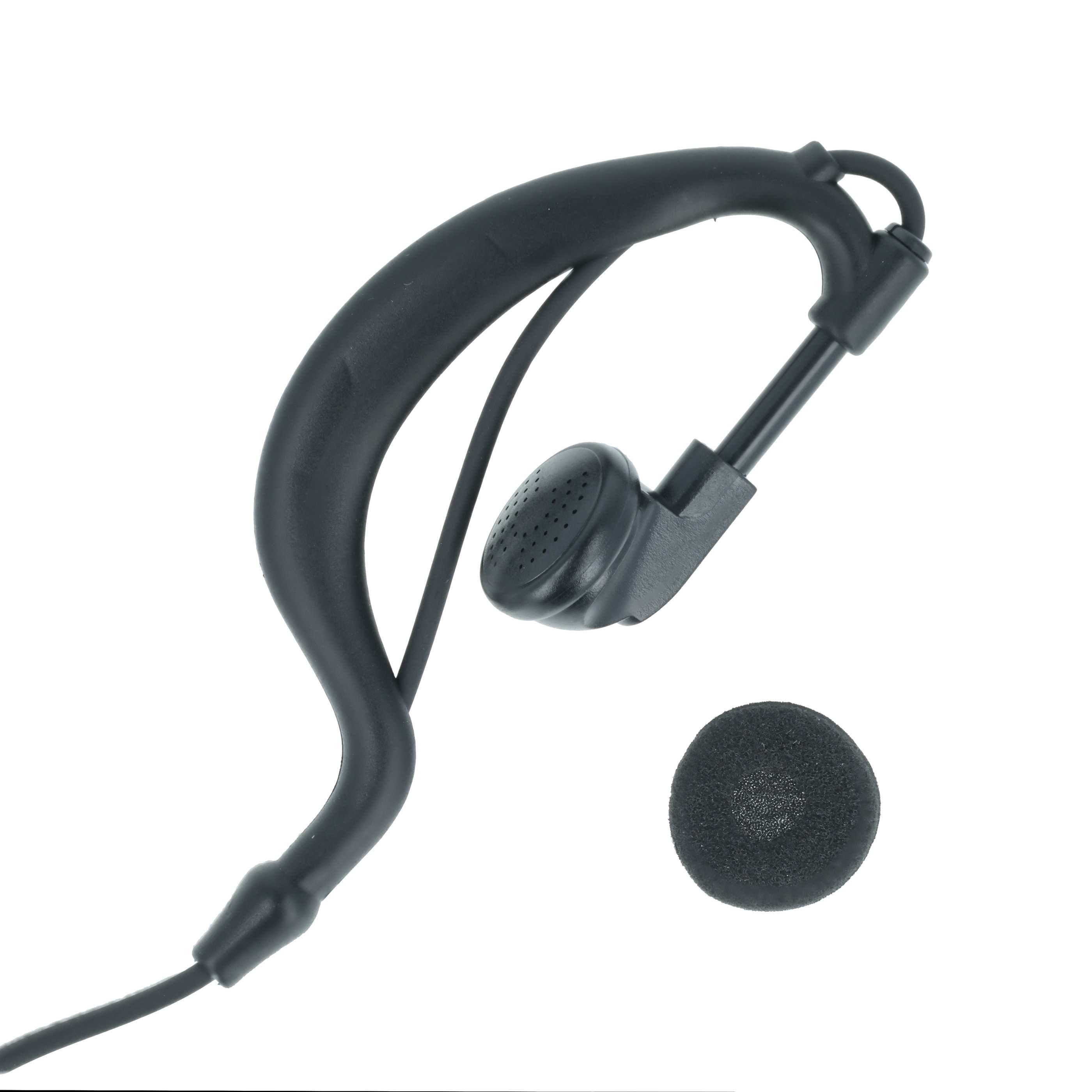 Ein Over-Ear-Hörer mit einer gewundenen Konstruktion und einem separaten Schaumstoff-Ohrpolster, geeignet für Kommunikationsgeräte.