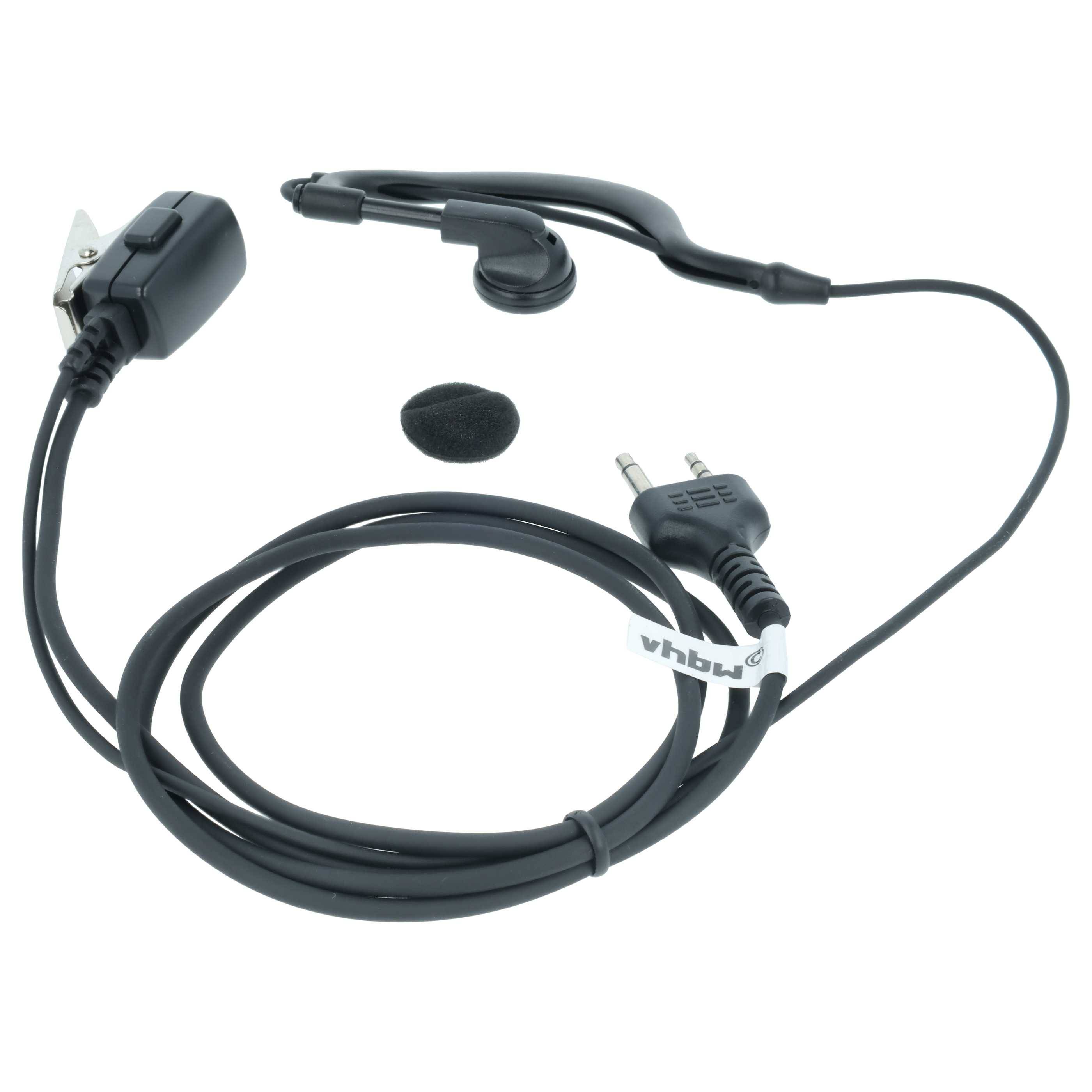 Ein schwarzes Headset mit Klipp-Mikrofon, Schaumstoff-Ohrkissen und zweipinigem Audiolautstecker, verwendet für Kommunikationsgeräte.