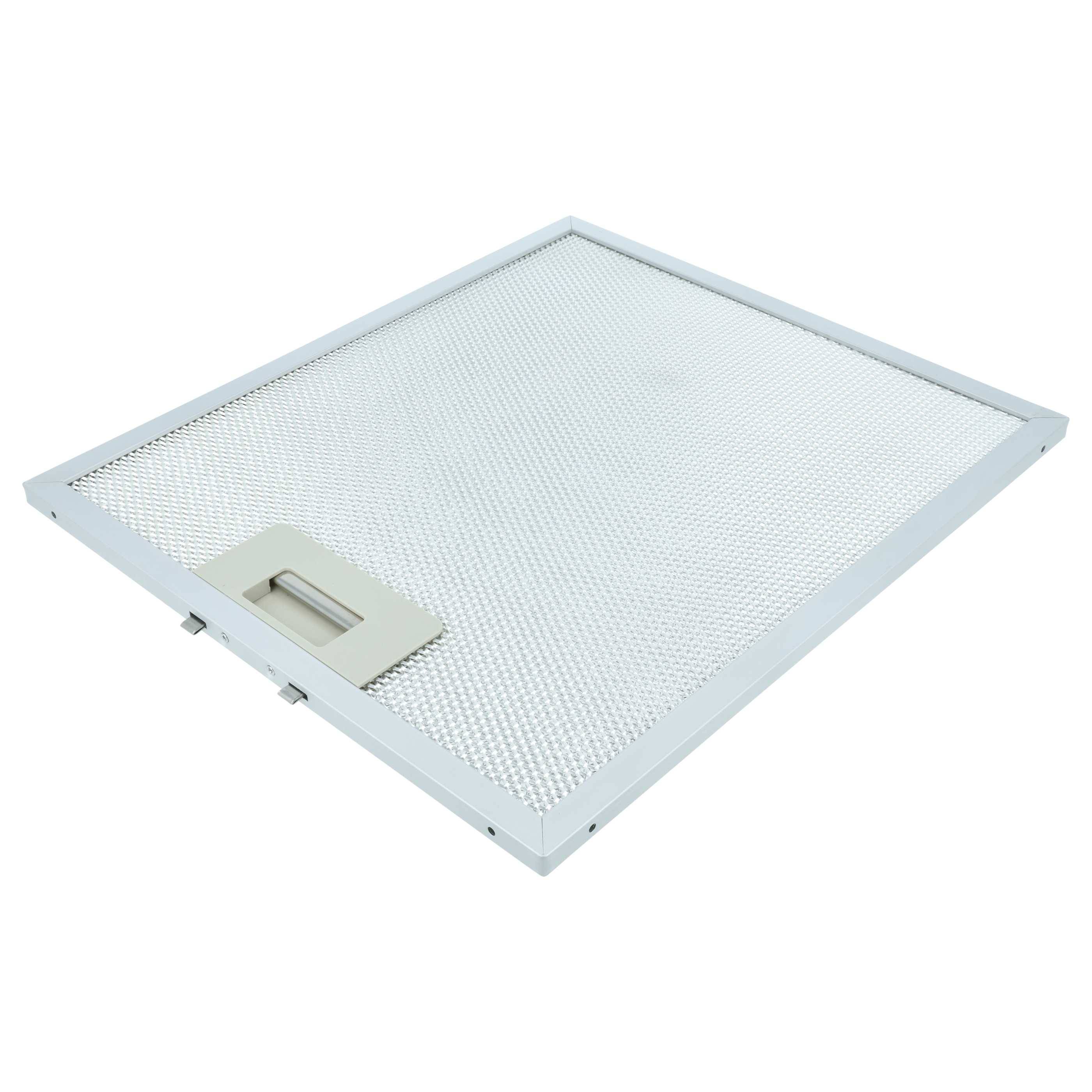 Ein rechteckiges Metallgitterpanel mit einem integrierten Griff in der Ecke, entwickelt zur Verwendung als Filter oder Abdeckung.