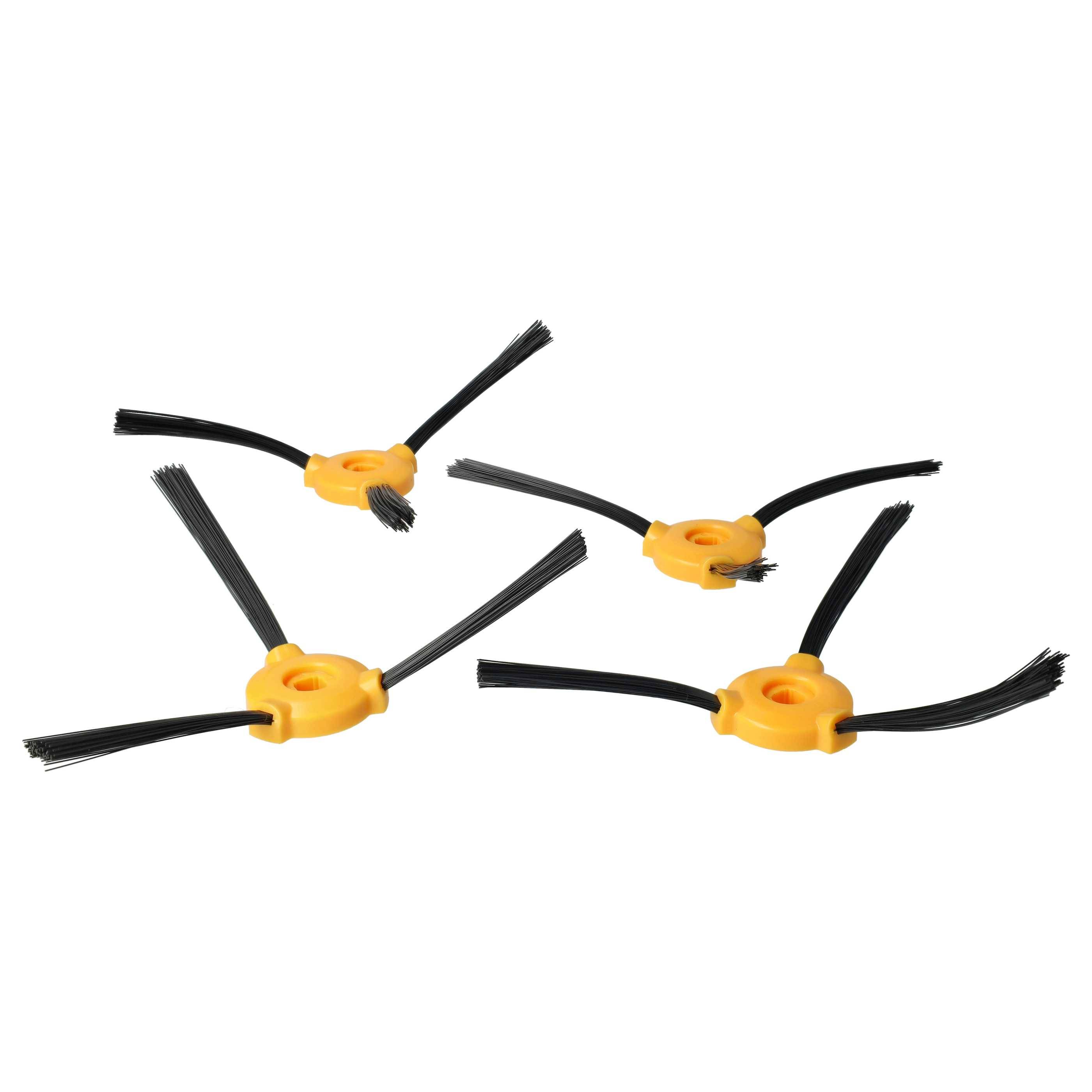 Vier gelbe und schwarze Ersatzbürsten für einen Staubsaugerroboter, angeordnet auf weißem Hintergrund.