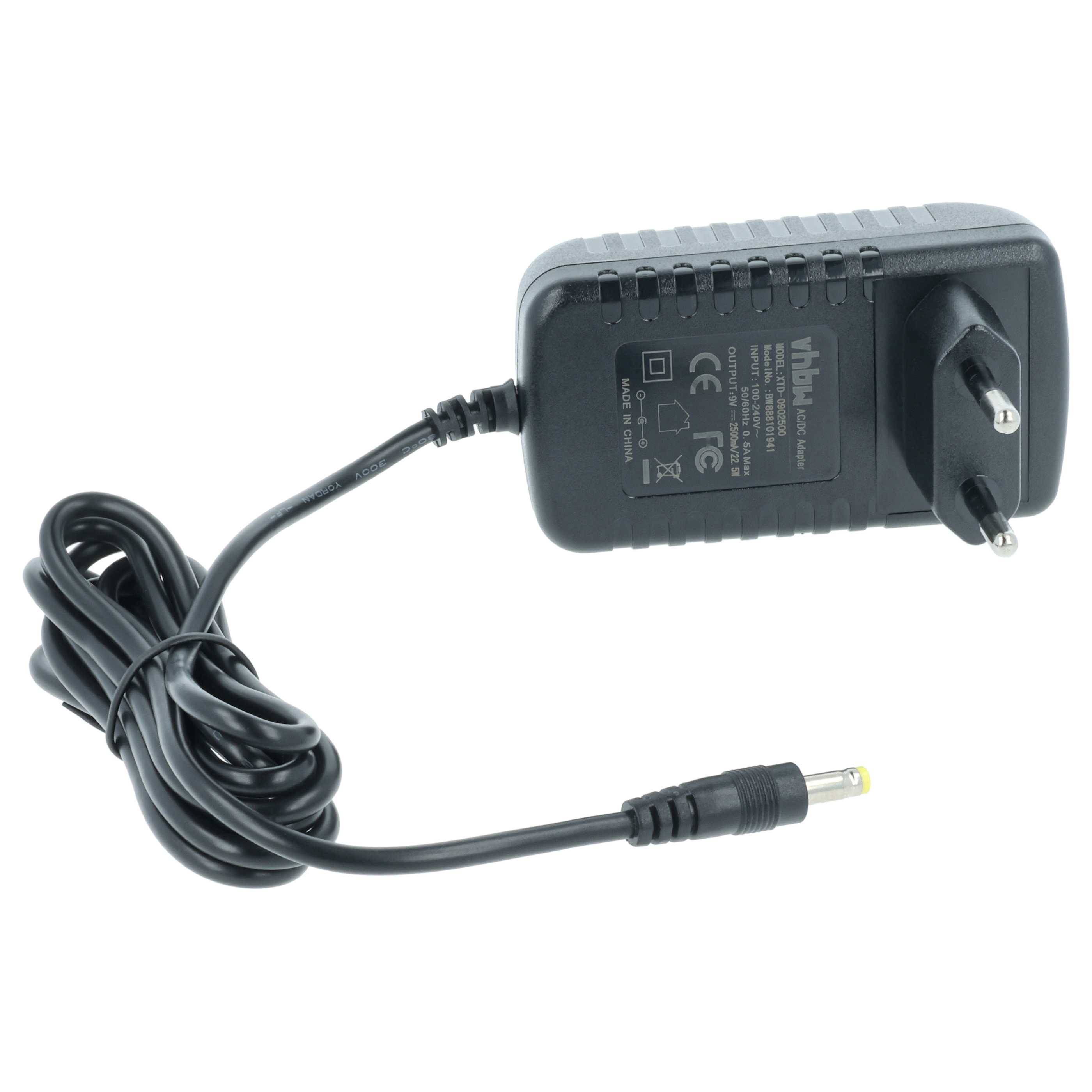 Ein schwarzer AC-Netzteil mit einem europäischen Stecker und einem langen Kabel, das in einen Hohlstecker mündet.