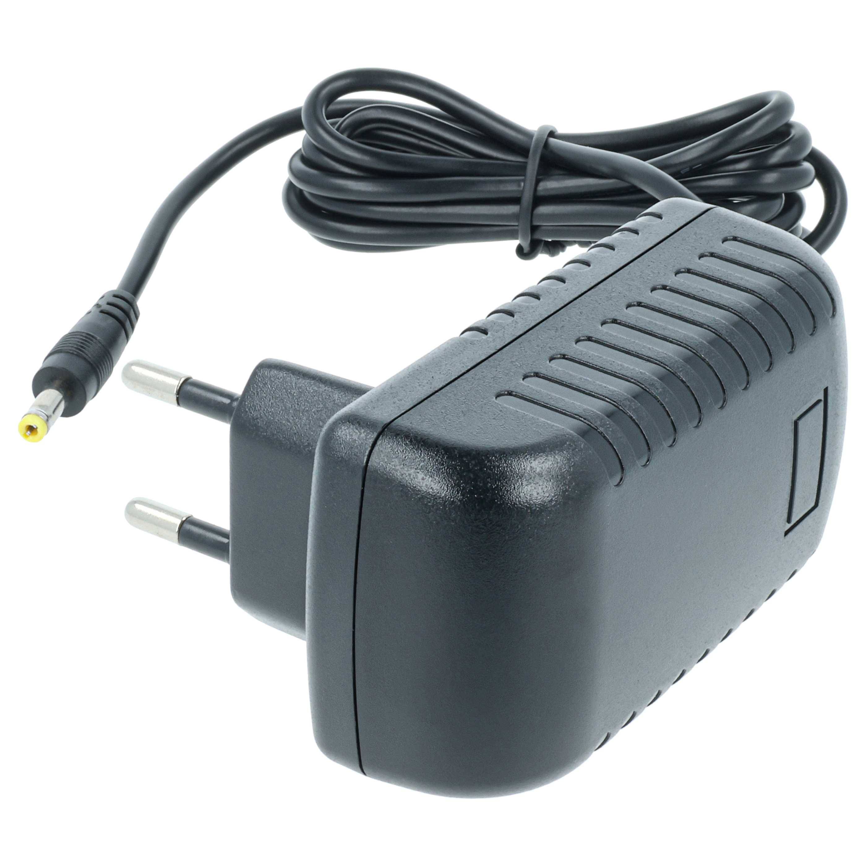 Ein schwarzes Netzteil mit einem europäischen Stecker und einem Kabel, das in einem gelb-spitzigen Anschluss endet, entwickelt für elektronische Geräte.