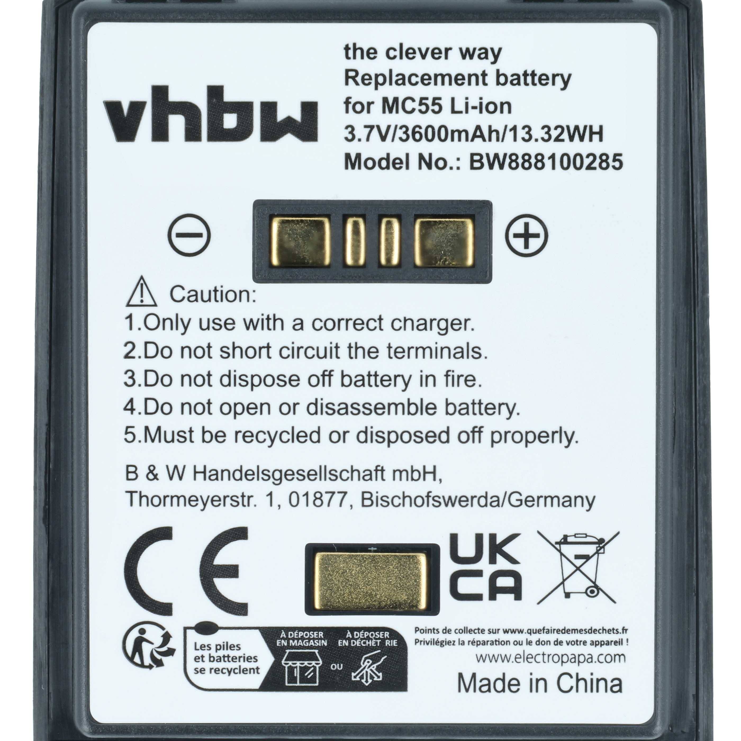 vhbw Ersatzbatterie für MC55 Li-Ionen, 3.7V/3600mAh/13.32WH; Modellnummer: BW888100285. Hergestellt in China. Sicherheitsanleitung: 1-5.