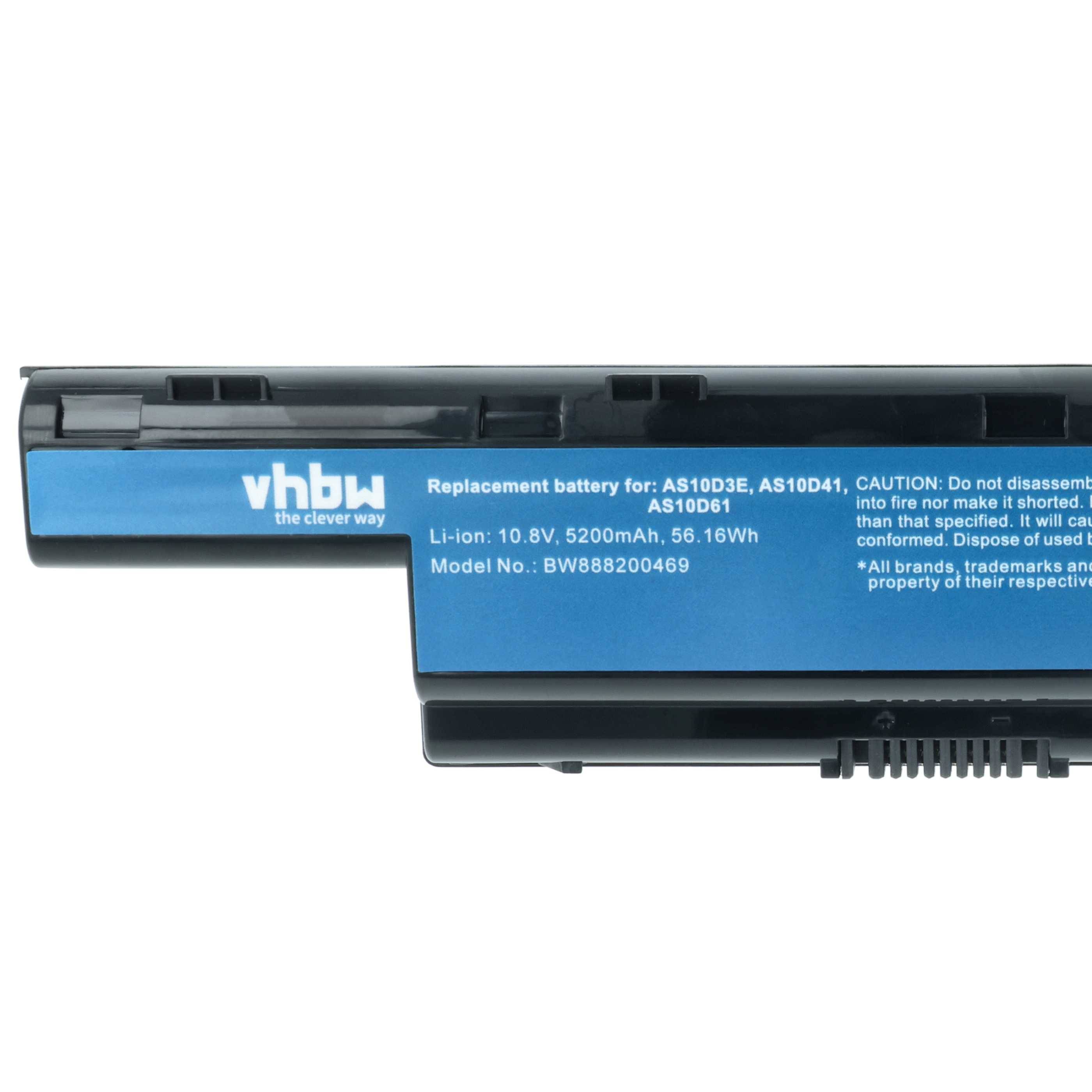 Eine schwarze Ersatzbatterie, beschriftet mit 'vhbw the clever way' für die Modelle AS10D31, AS10D41, AS10D61. Sie verfügt über eine Kapazität von 5200mAh bei 10,8V.