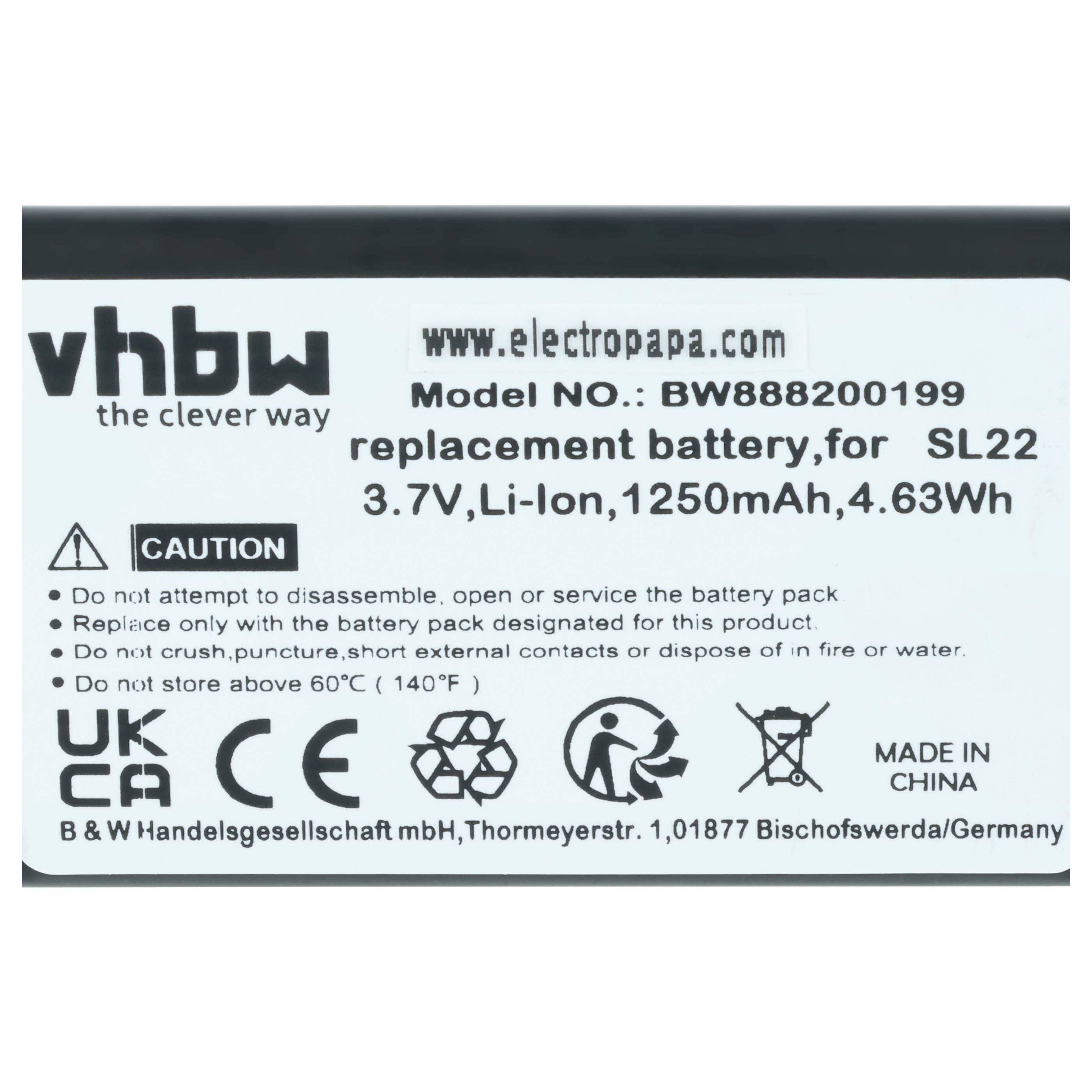 vhbw Akku kompatibel mit Honeywell Captuvo 70e, 75e, SL22, SL22 Sled, SL42, SL42 Sled, SL62 Handheld Computer Scanner (1250 mAh, 3,7 V, Li-Ion)