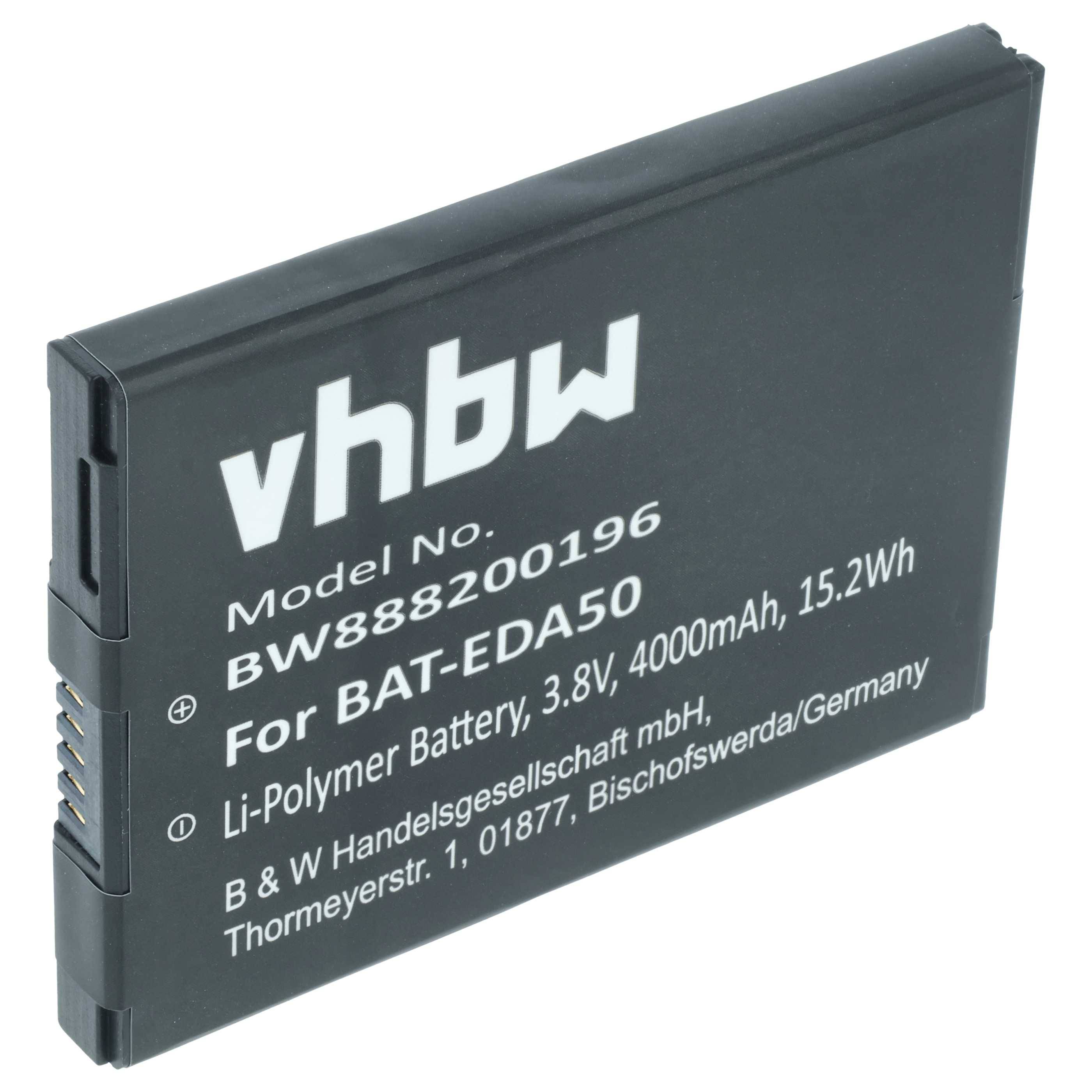 Eine schwarze Li-Polymer-Batterie mit der Bezeichnung 'vhbw' und Modellnummer BW88200196, 3,8V, 4000mAh, für BAT-EDA50, hergestellt in Deutschland.