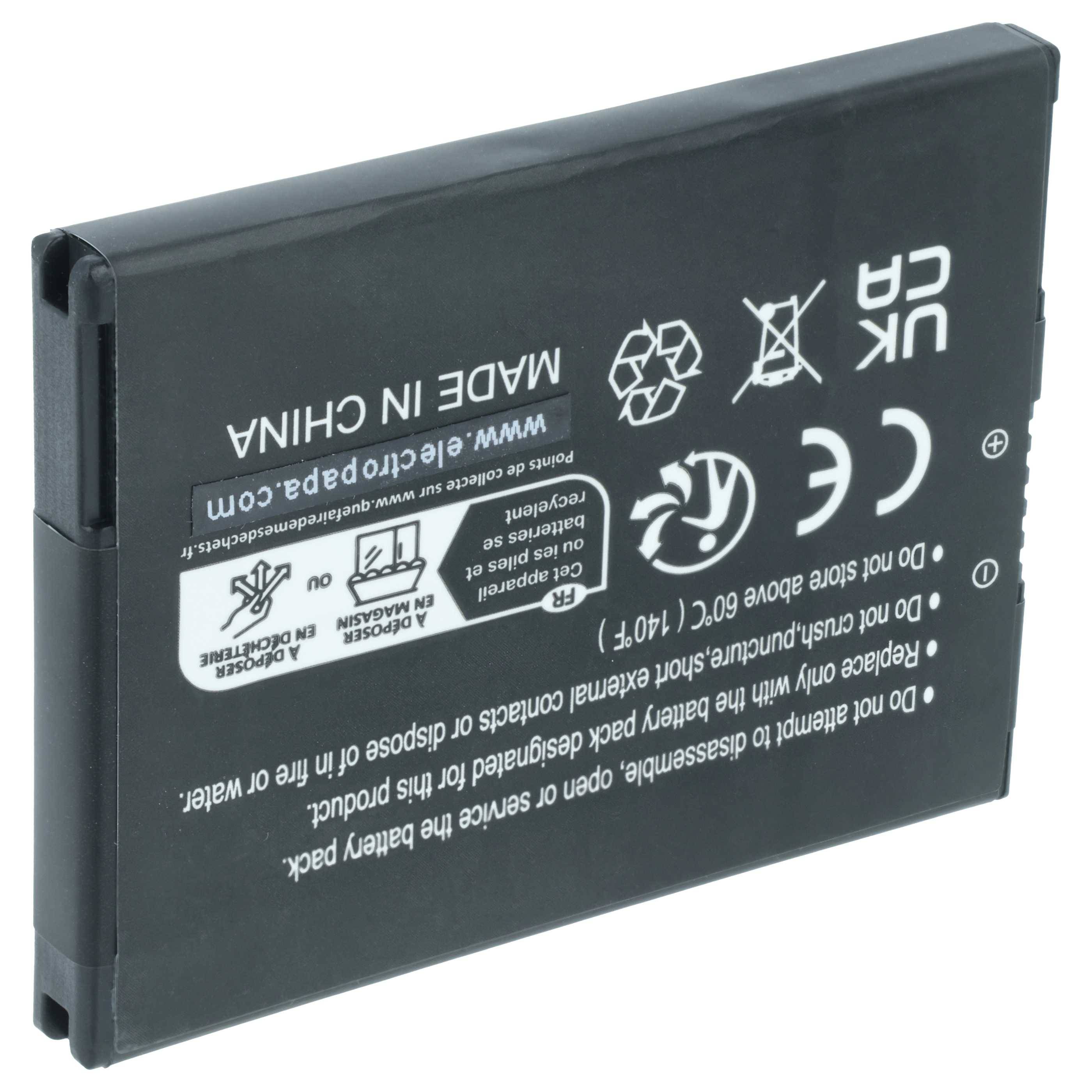 Eine rechteckige Lithium-Ionen-Batterie mit Etiketten, die anzeigen, dass sie in China hergestellt wurde, und verschiedenen Sicherheits- und Recycling-Symbolen.