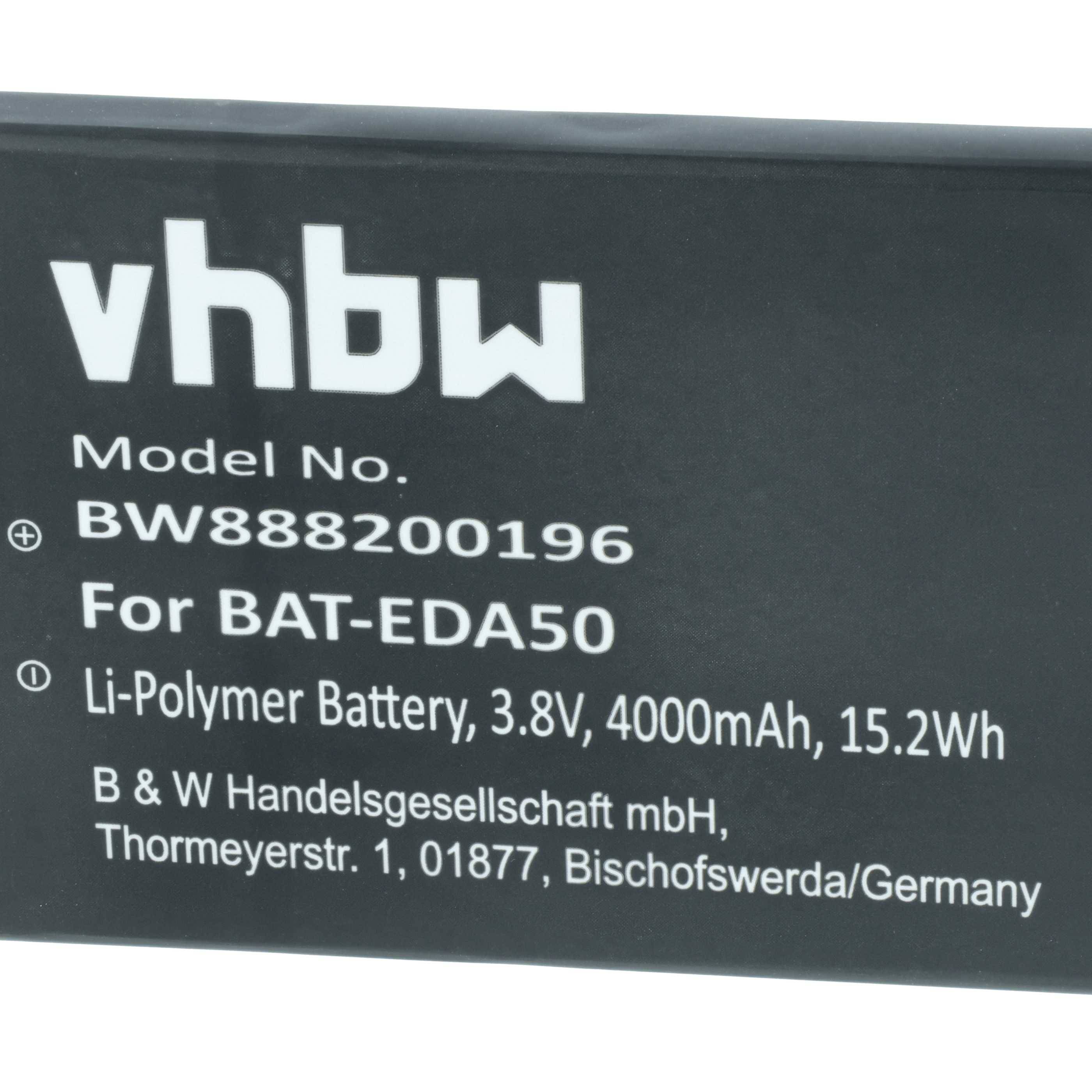 Batterie-Etikett mit der Marke 'vhbw', Modell-Nr. BW888200196 für BAT-EDA50. Li-Polymer-Batterie, 3,8V, 4000mAh, 15,2Wh. Hersteller: B & W GmbH, Deutschland.