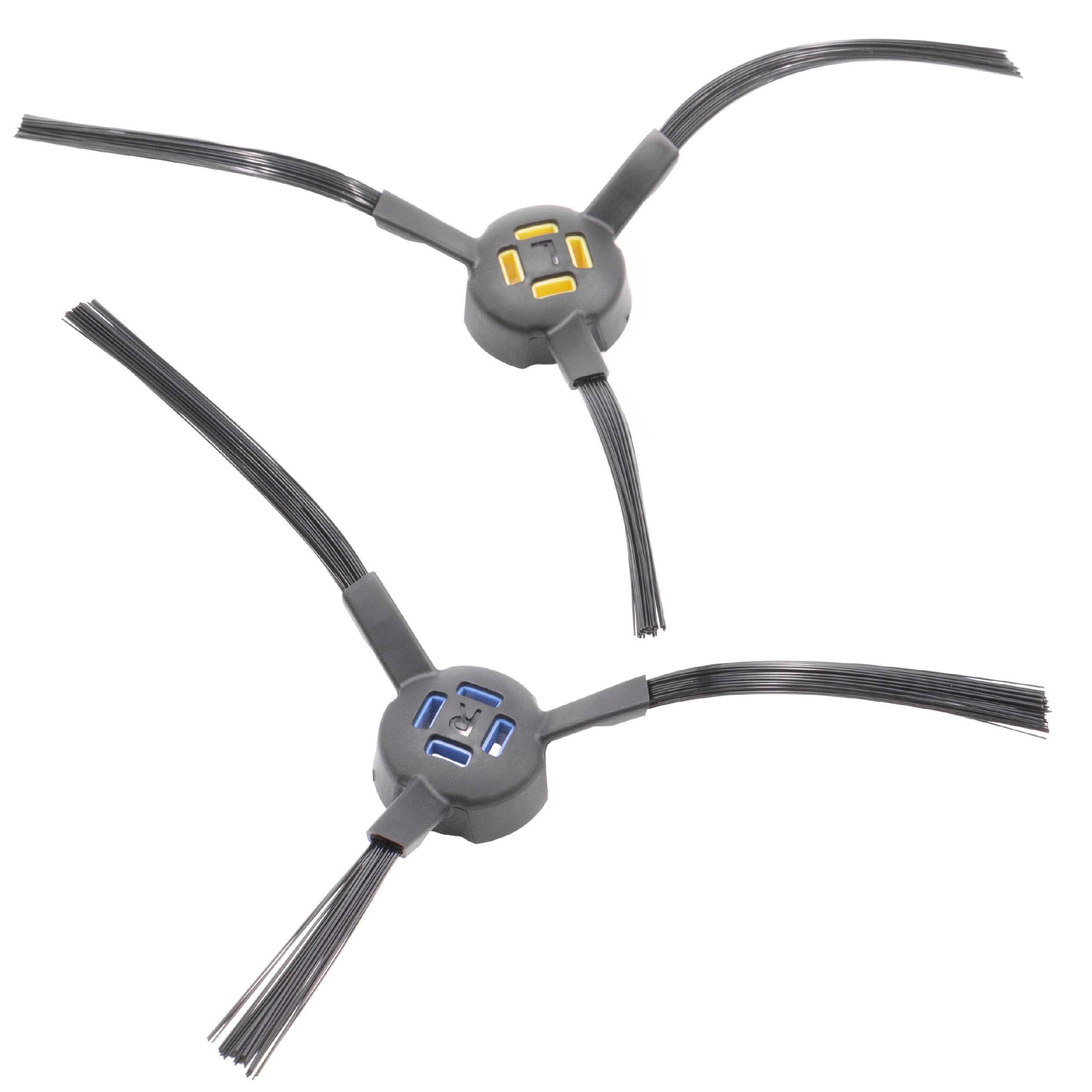 Zwei graue Roboterstaubsauger-Seitenbürsten mit Borsten erstrecken sich von runden, nabelartigen Mittelpunkten. Jede Bürste hat kleine gelbe und blaue Markierungen.