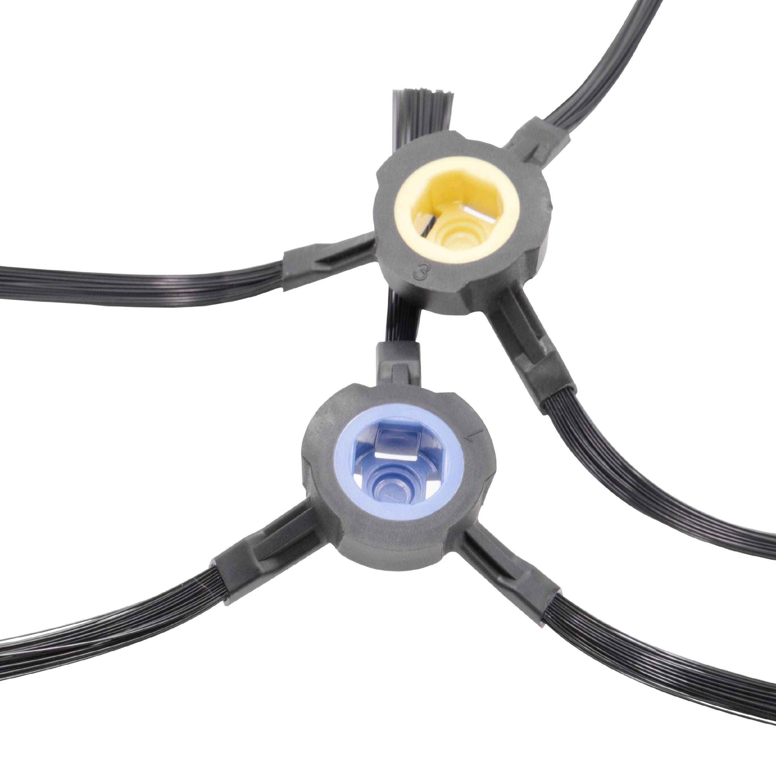 Drei schwarze Steckverbinder mit Drähten und kreisförmigen Gehäusen, jeder mit unterschiedlich gefärbtem Mittelteil: gelb, blau und grau, die sich in verschiedenen Winkeln schneiden.