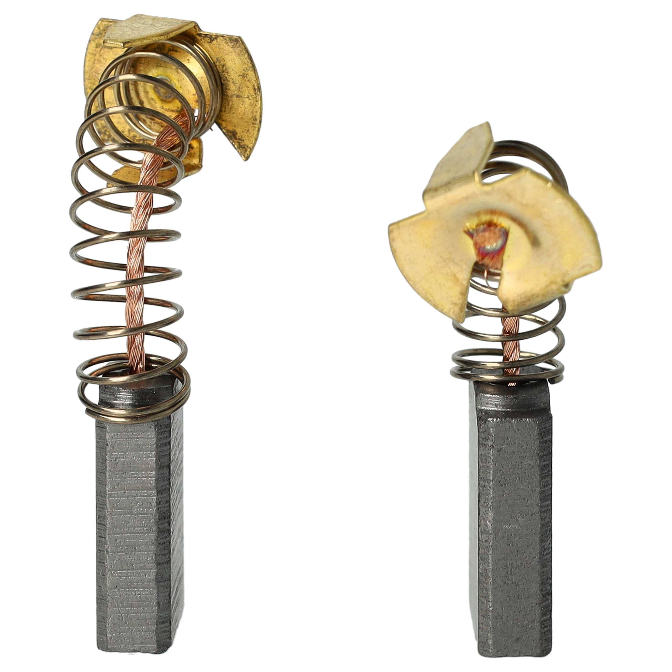 Zwei Metall-Kohlebürsten mit Spiralfedern und Kupferdrahtkontakten, die Verschleiß- und Kontaktstellen für Elektromotoren zeigen, auf weißem Hintergrund.