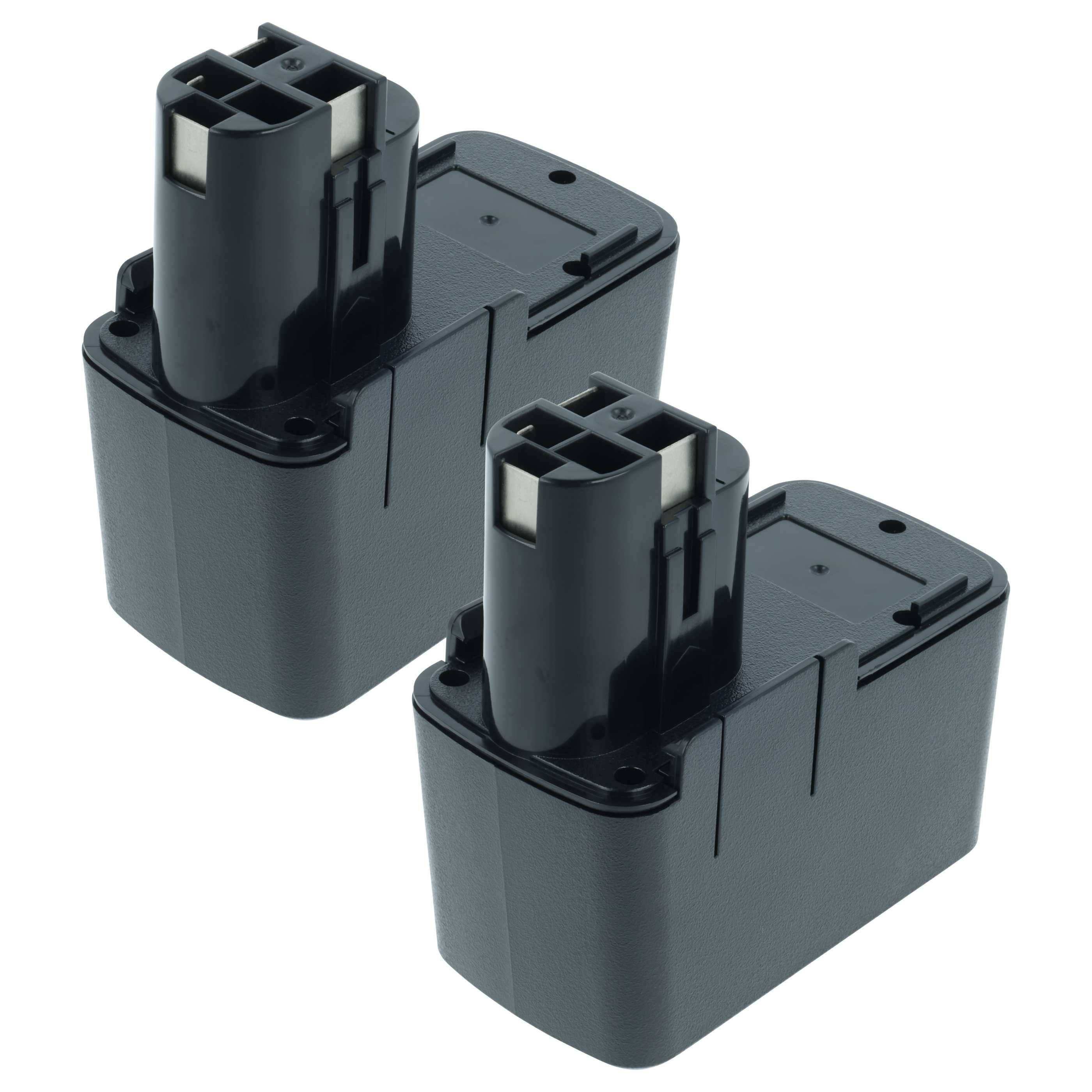 Zwei schwarze, rechteckige wiederaufladbare Batterien mit sichtbaren oberen Anschlüssen.