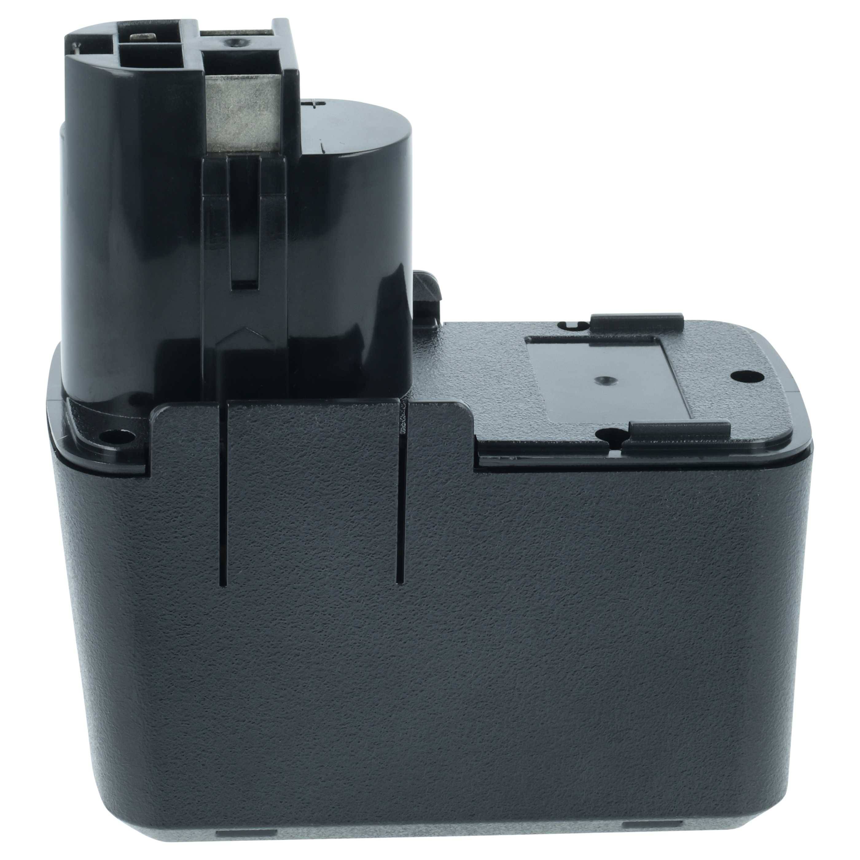 Eine schwarze, aufladbare Akku-Werkzeugbatterie mit rechteckiger Grundfläche, entwickelt für kabellose Werkzeuge, auf einem schlichten weißen Hintergrund.