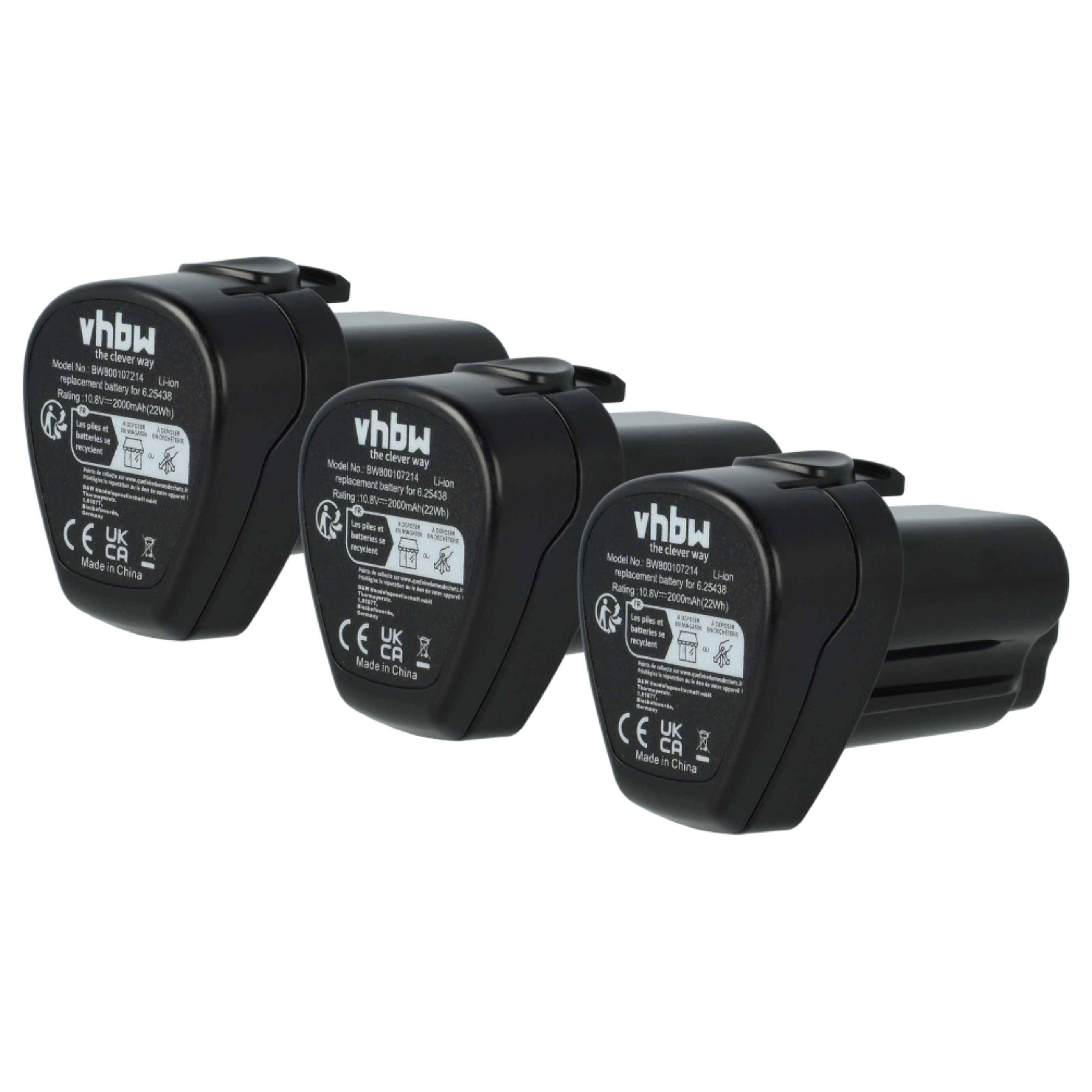 vhbw 3x Akku kompatibel mit Metabo KPA 10.8 400, PowerImpact 12, KPA 10.8, KPA 10.8 600 Werkzeug (2000 mAh, Li-Ion, 10,8 V)