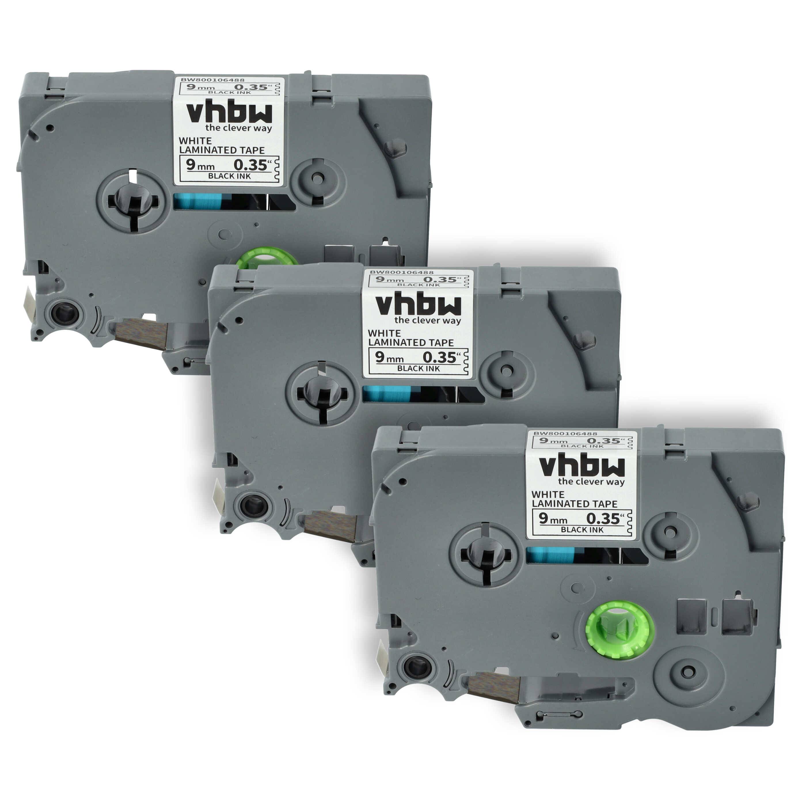 vhbw 3x Schriftband-Kassette kompatibel mit Brother PT D600, D600VP, D450, D450VP, H100LB, E100, E100VP Etiketten-Drucker 8m x 9mm Schwarz auf Weiß