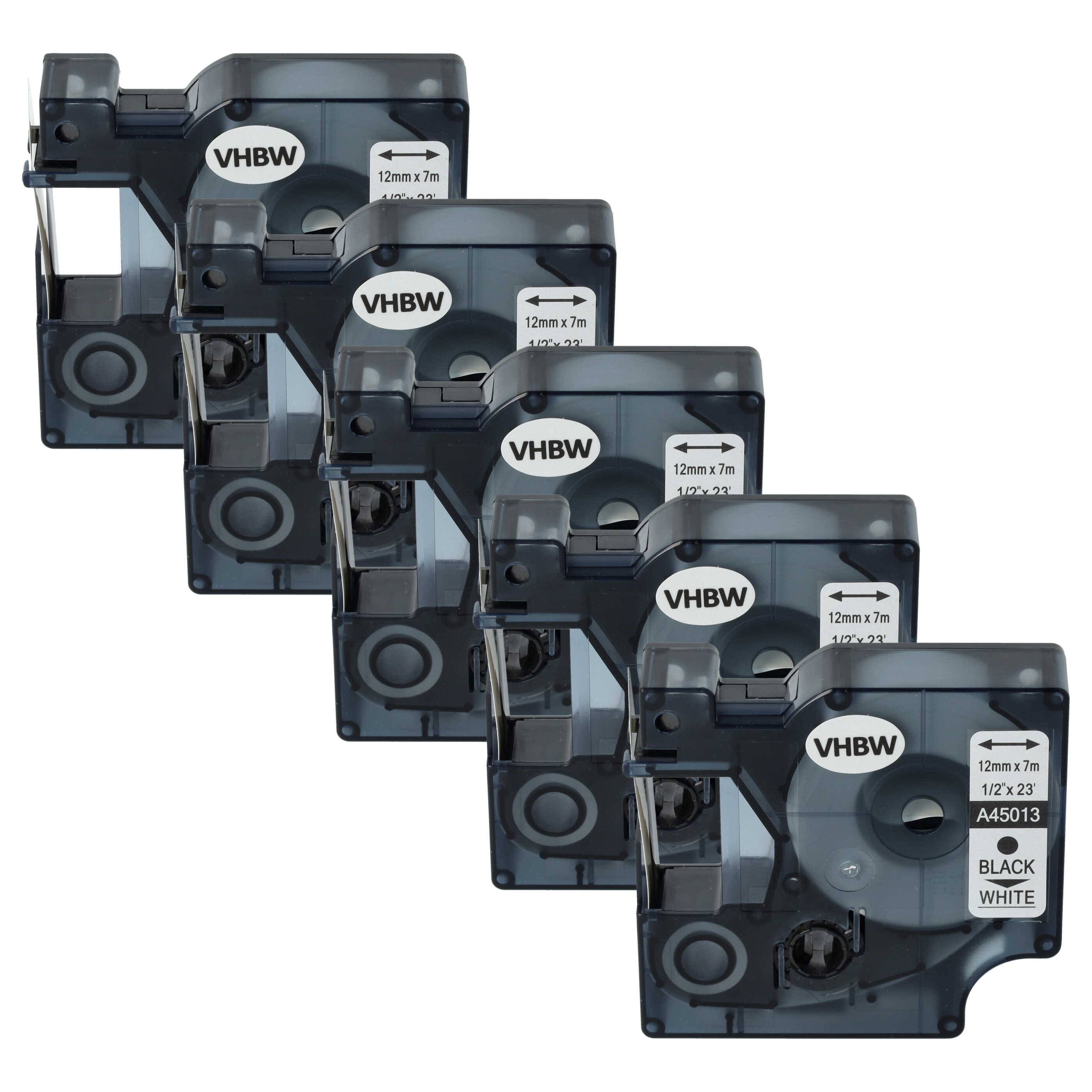 vhbw 5x Schriftband-Kassette kompatibel mit Dymo LabelManager 100 | 210D, 120P, 200, 260P, 100 Plus, 160 Etiketten-Drucker 7m x 12mm Schwarz auf