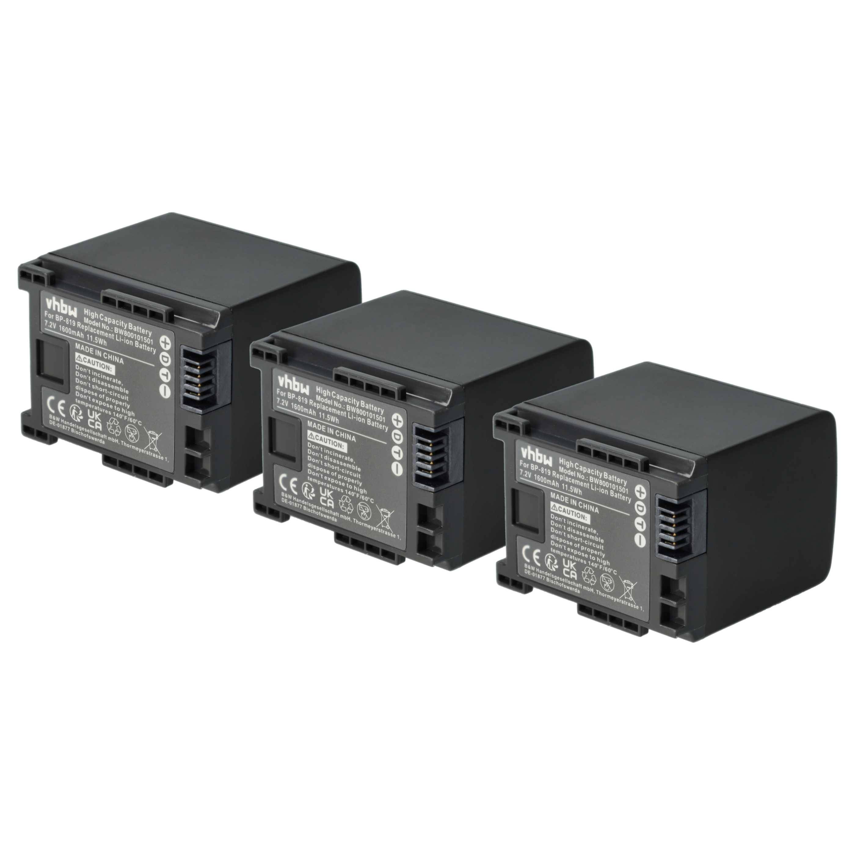 vhbw 3x Akku kompatibel mit Canon Legria FS46, HF20, HF200, FS406, HF100, HF11 HD, FS405, HF10 Videokamera Camcorder (1600 mAh, 7,2 V, Li-Ion)