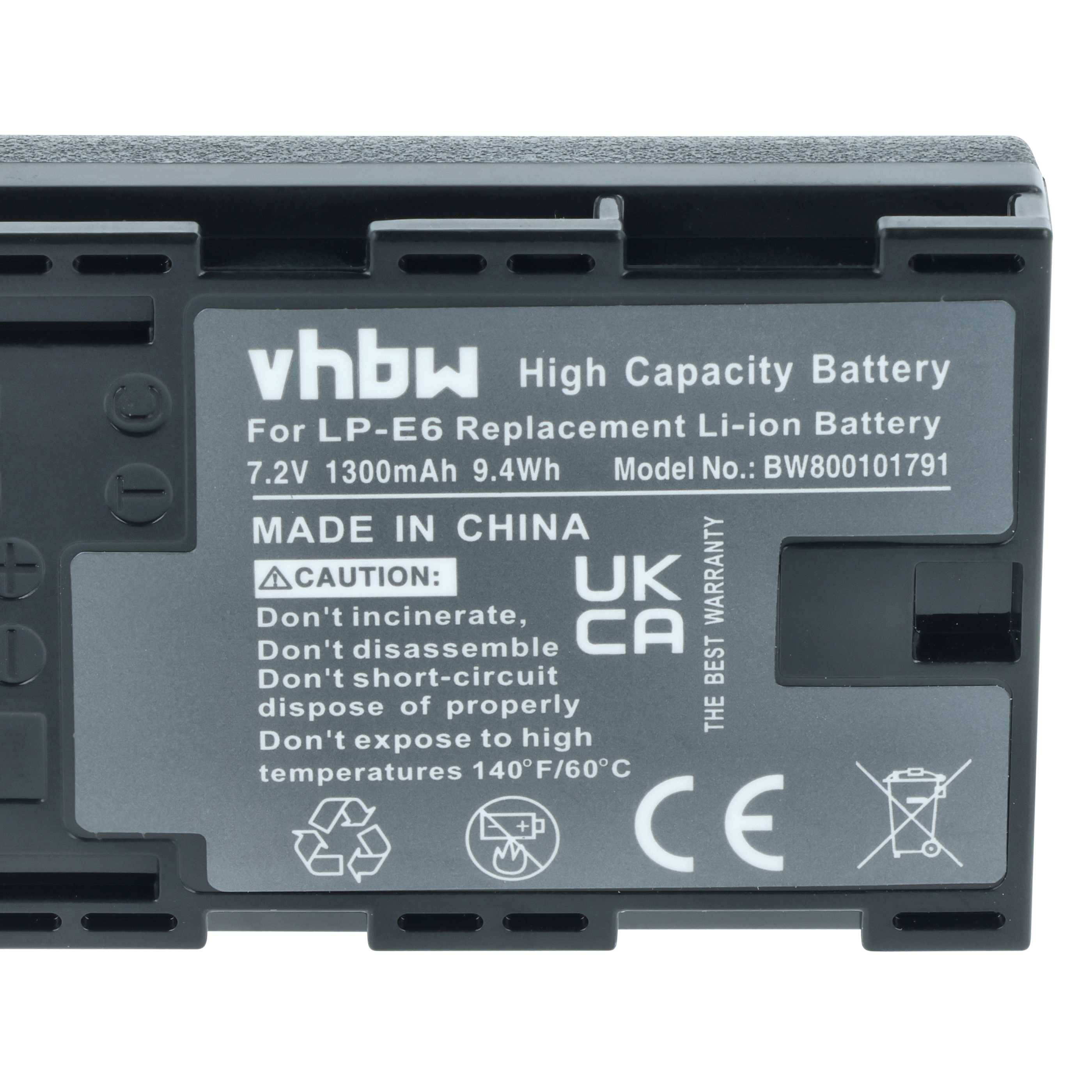 vhbw Hochkapazitätsakku für LP-E6 Ersatz-Li-Ion-Akku, 7,2V 1300mAh 9,4Wh, Modell-Nr.: BW800101791. Hergestellt in China.