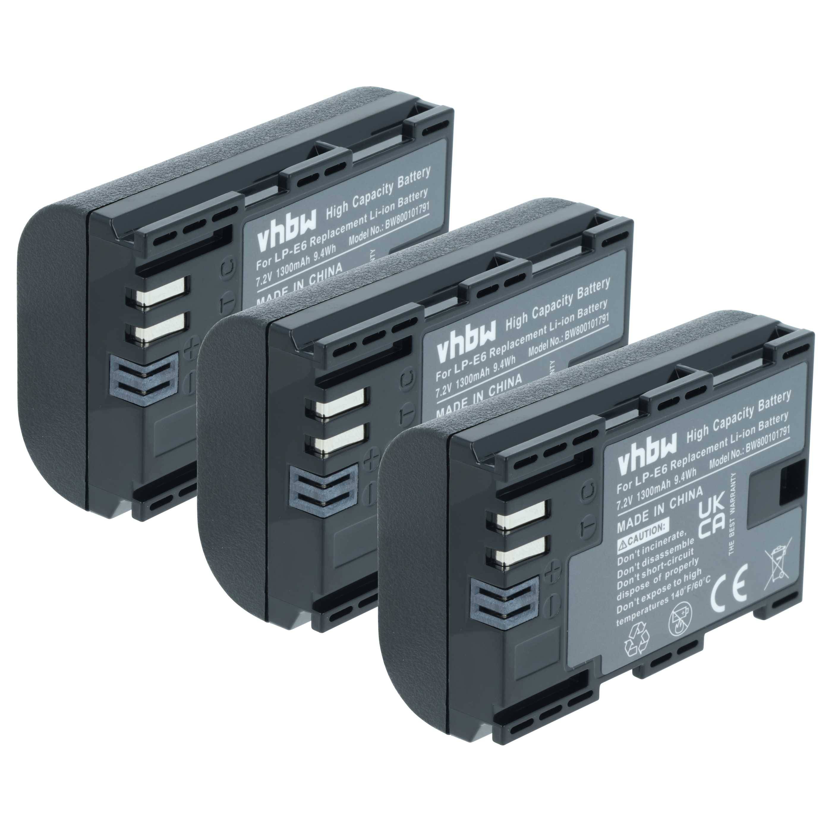 Drei schwarze Lithium-Ionen-Batterien mit der Bezeichnung „High Capacity Battery for LP-E6