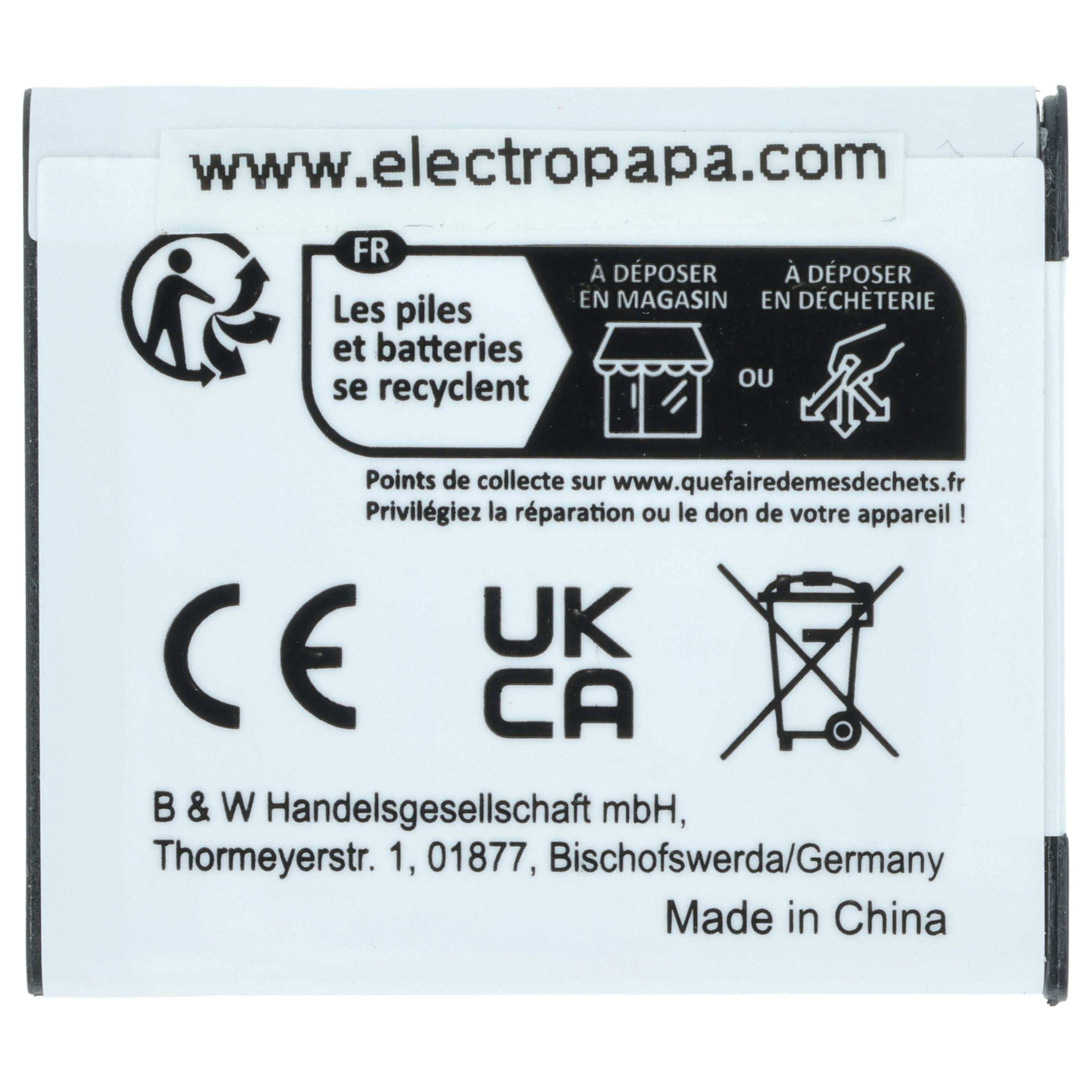 Batterien und Akkus können recycelt werden. Hergestellt in China. Besuchen Sie 'electropapa.com'.