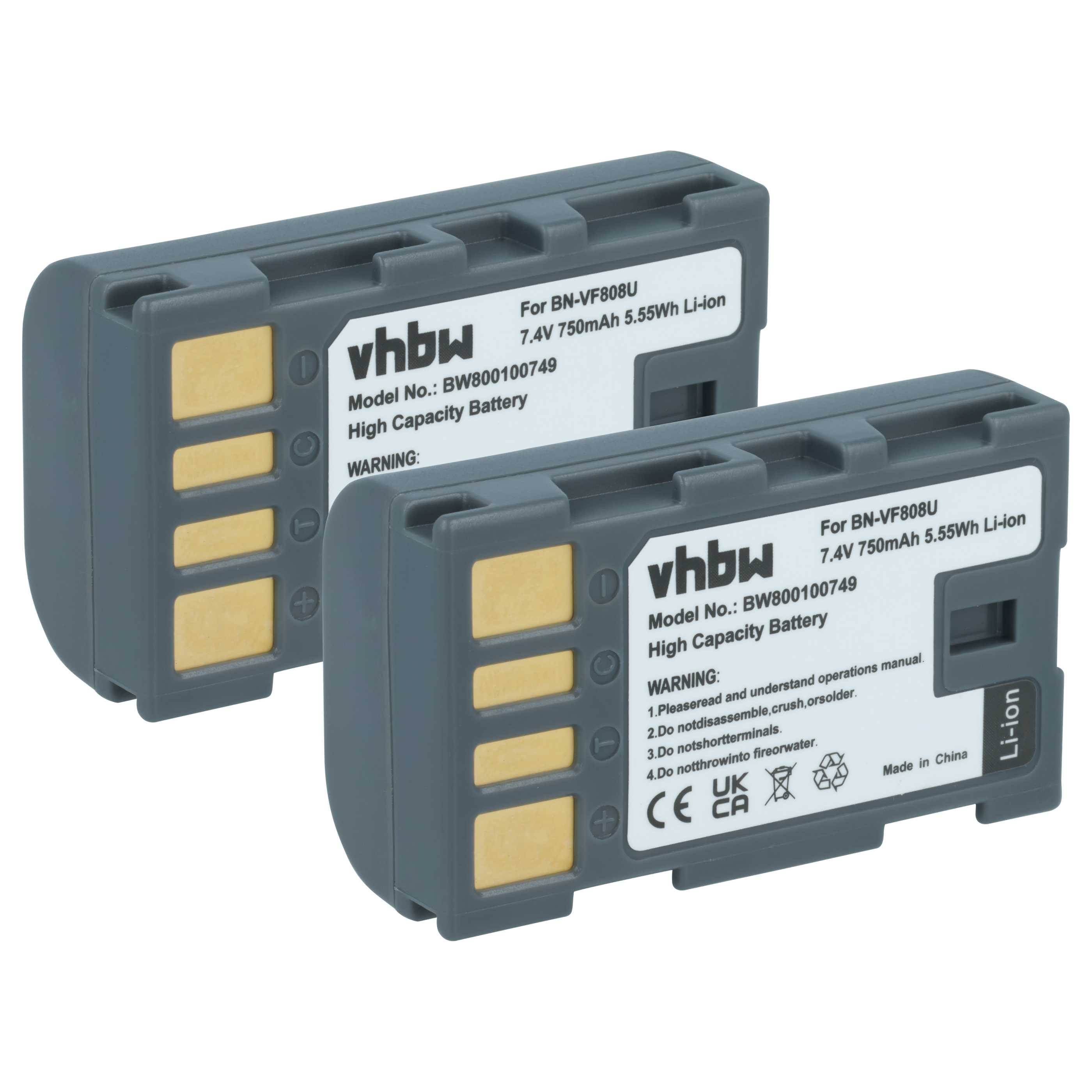 Zwei vhbw Hochkapazitäts-Li-Ionen-Akkus mit der Modellnummer 'BN-VF808U'. Jeder Akku weist Bewertungen von 7,4V, 750mAh und 5,55Wh auf.