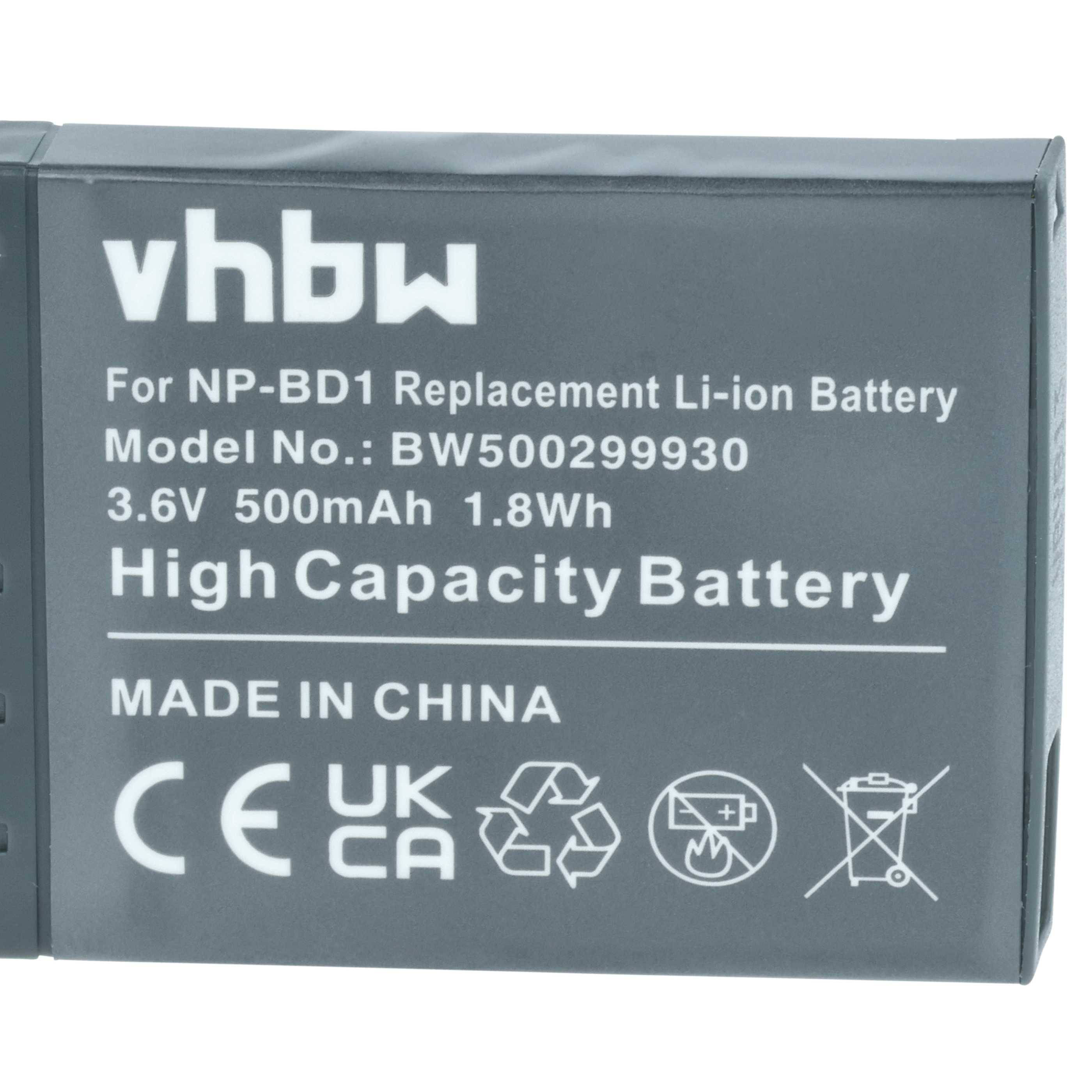 vhbw Hochkapazitätsakku, Modell BW500299930. Kompatibel mit NP-BD1, 3,6V, 500mAh, 1,8Wh. Hergestellt in China, CE UKCA gekennzeichnet.