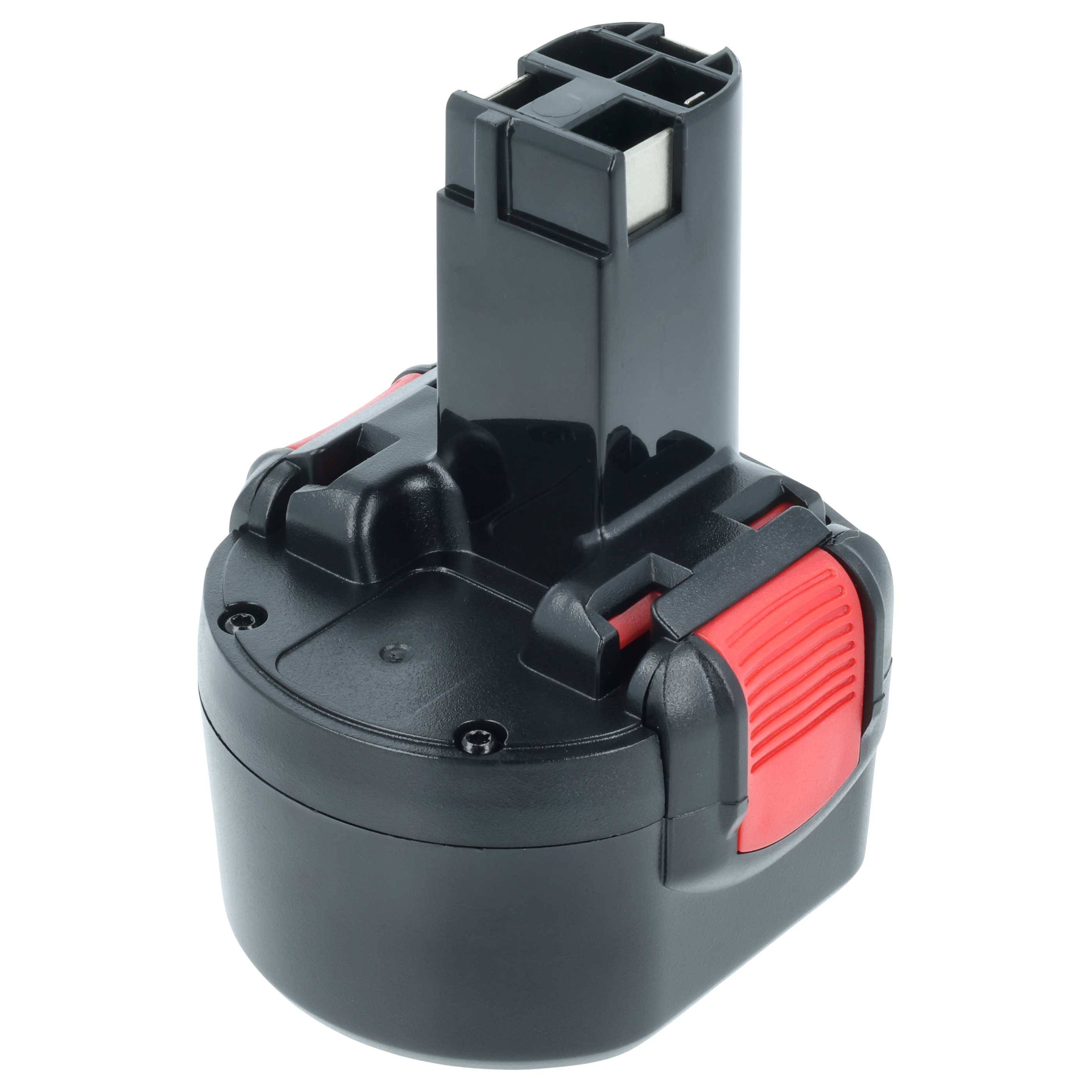 Eine schwarze und rote kabellose Akku-Werkzeugbatterie mit rechteckiger Form und Anschlussklemmen oben, geeignet für den Einsatz in Bohrmaschinen und Sägen.