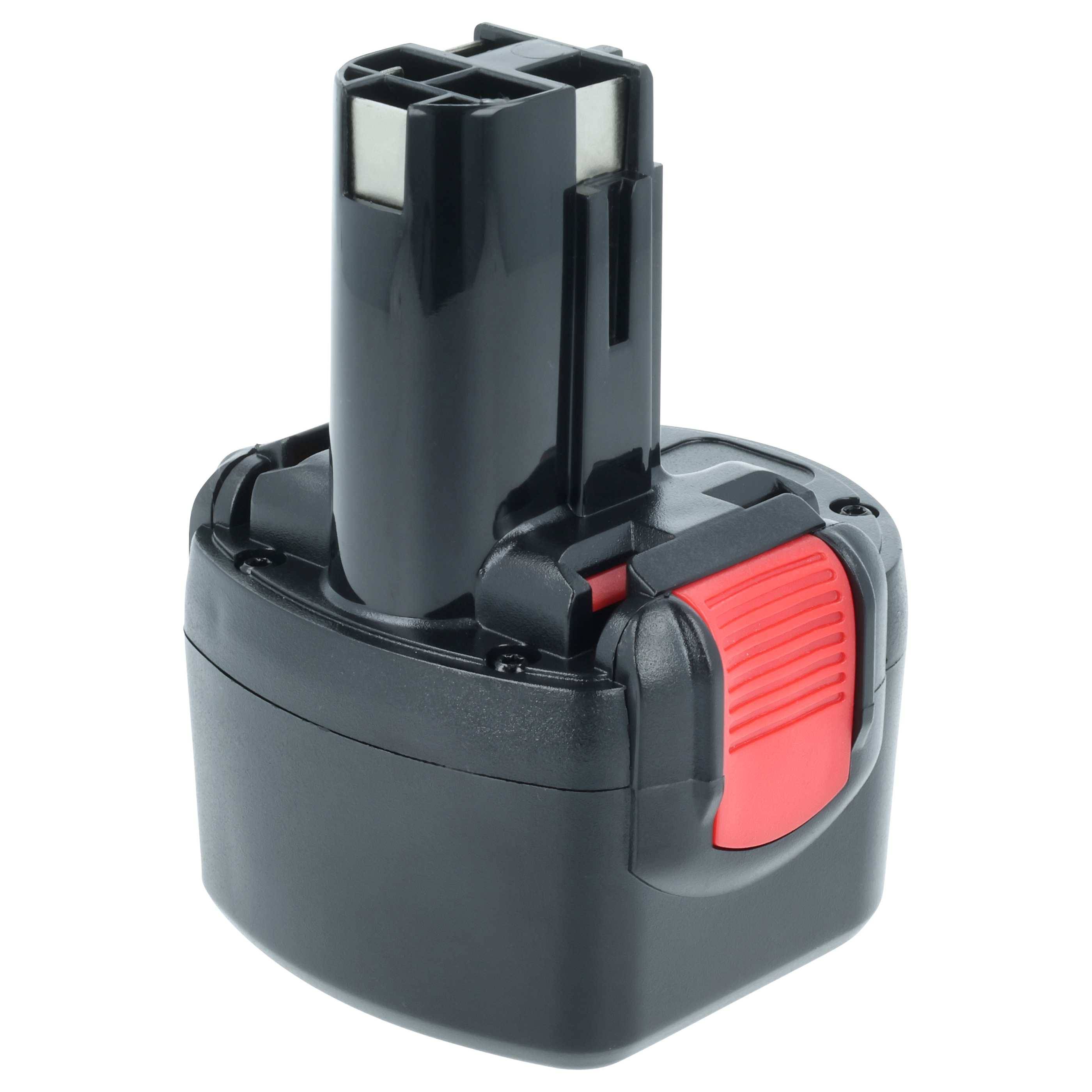 Eine schwarze und rote Akkupack für ein Elektrowerkzeug, mit einem rechteckigen Anschlussport und einem kompakten Design.
