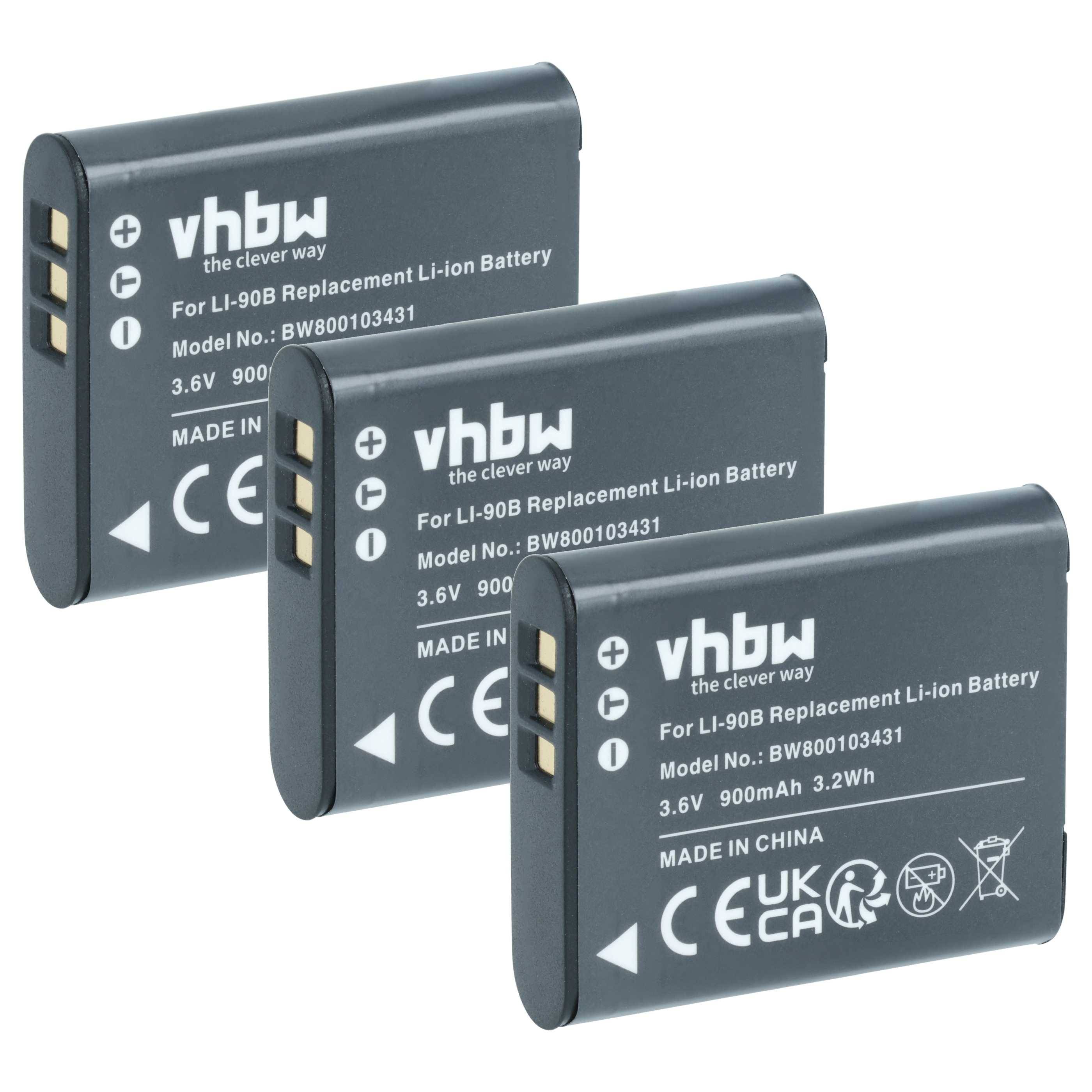 vhbw 3x Akku Ersatz für Olympus Li-92B, Li-90B für Kamera (900 mAh, 3,6 V, Li-Ion)
