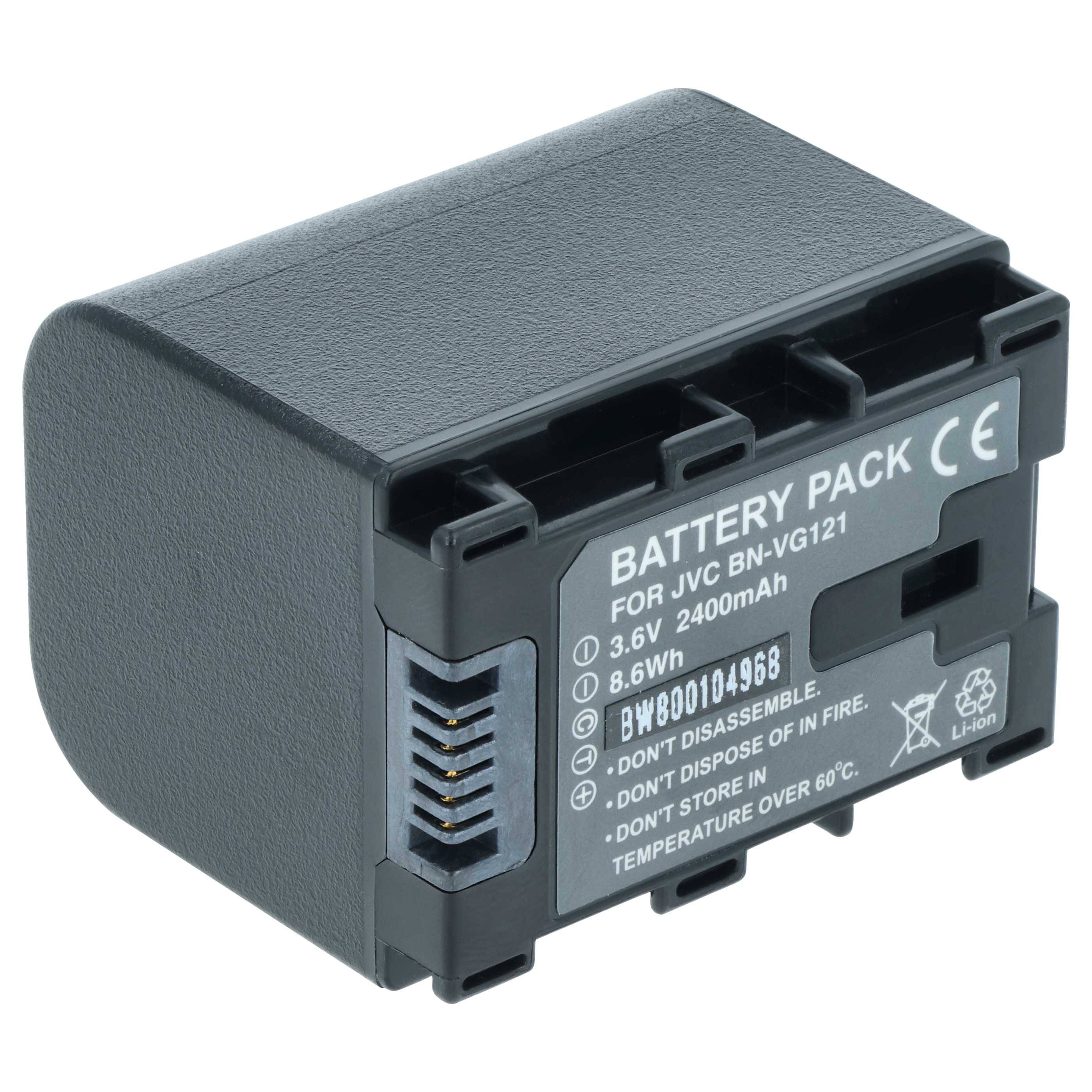 Akkupack mit Modellnummer BN-VG121 für JVC-Geräte, 3,6V, 4000mAh, 8,6Wh, und Sicherheitshinweise einschließlich 'NICHT ZERLEGEN'.