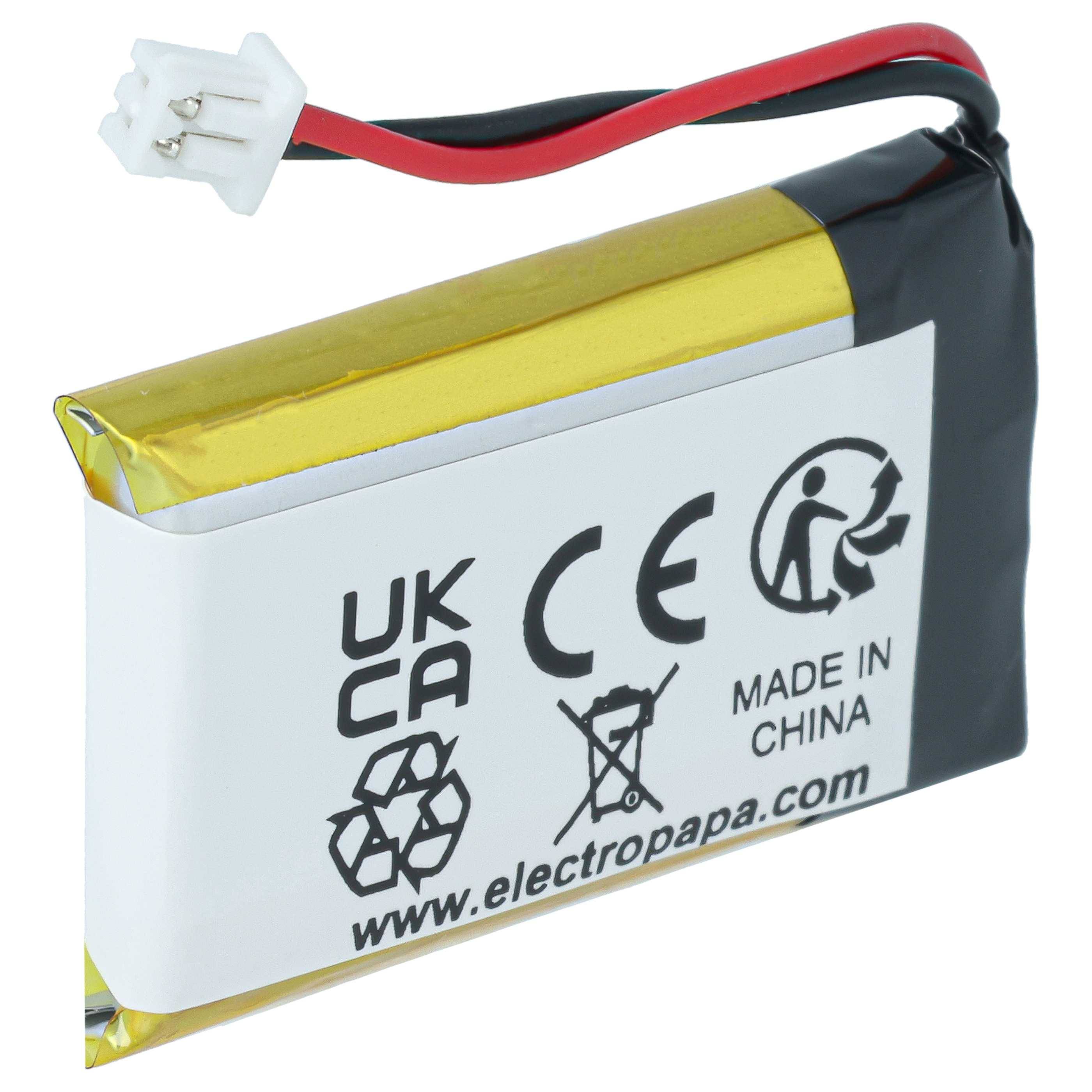 Kleines wiederaufladbares Lithium-Akkupack mit roten und schwarzen Leitern und weißem Stecker, gekennzeichnet mit UKCA, CE, Recycling-Symbolen und 