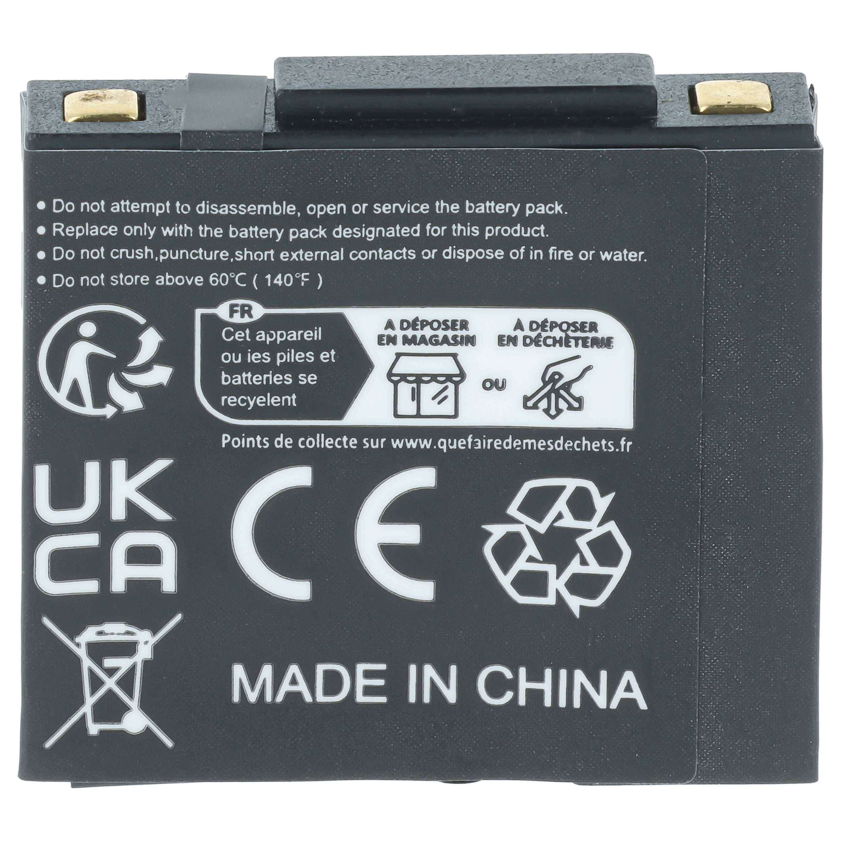 Schwarzes wiederaufladbares Batteriepaket mit Sicherheitswarnungen, Recycling-Symbolen, CE-/UKCA-Kennzeichnungen und 'MADE IN CHINA'-Etikett.