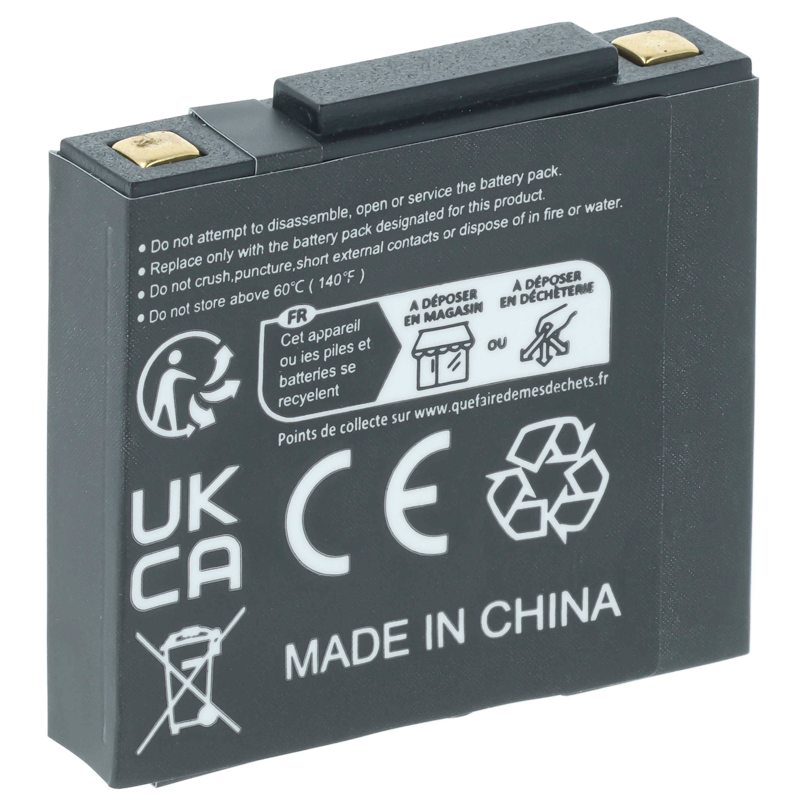 Schwarzes wiederaufladbares Batteriepaket mit Sicherheitswarnungen, Recycling-Symbolen, CE- und UKCA-Kennzeichen und der Aufschrift „MADE IN CHINA