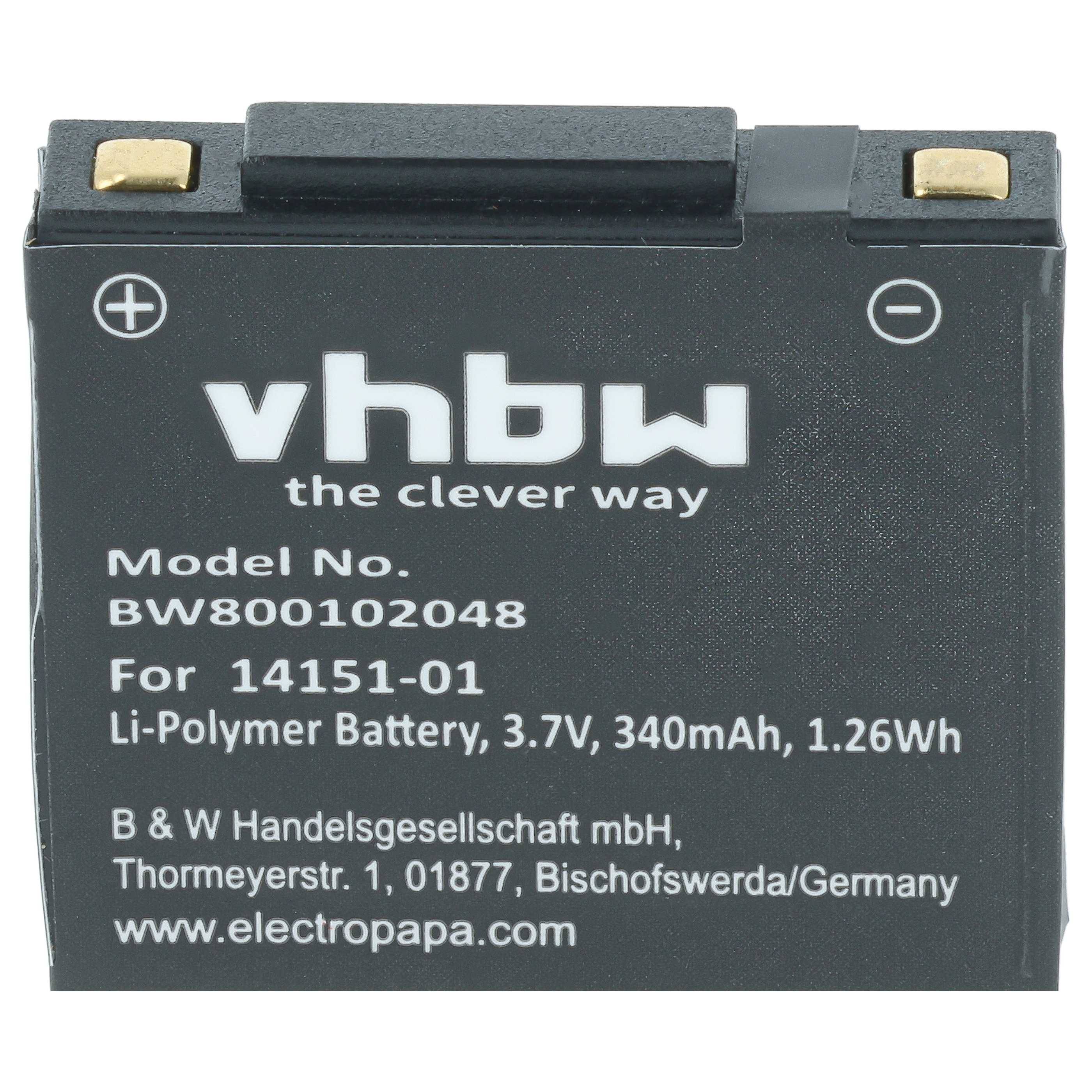 Schwarzes vhbw Lithium-Polymer-Akkupack mit Modellbezeichnung BW800102048, 3,7V 340mAh, mit Plus- und Minuspolen.