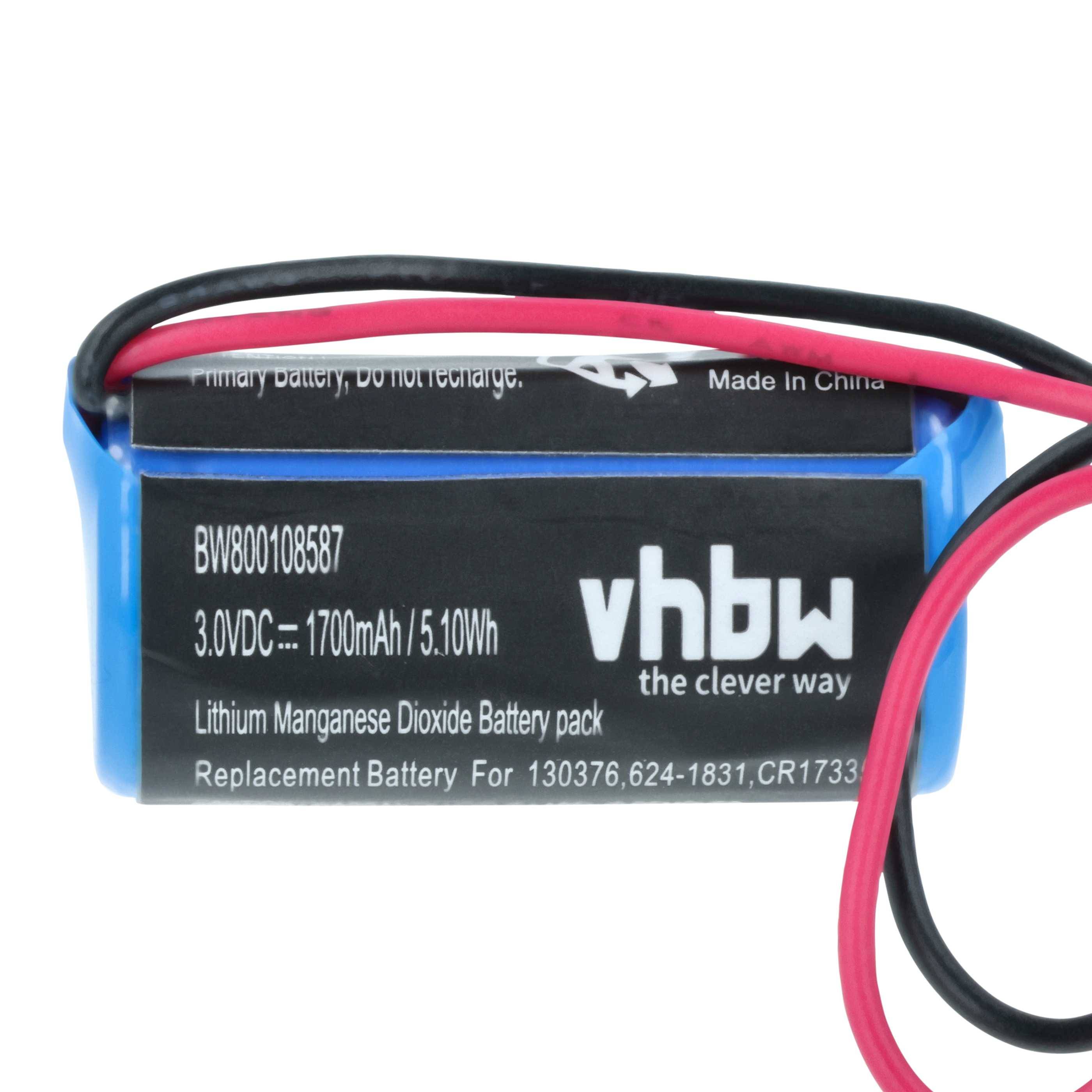 Eine blaue Batterie mit der Beschriftung 'vhbw' und folgenden Spezifikationen: 3,0V, 5,10Wh, 1700mAh. Text enthält 'Lithium-Mangandioxid-Batterie'.