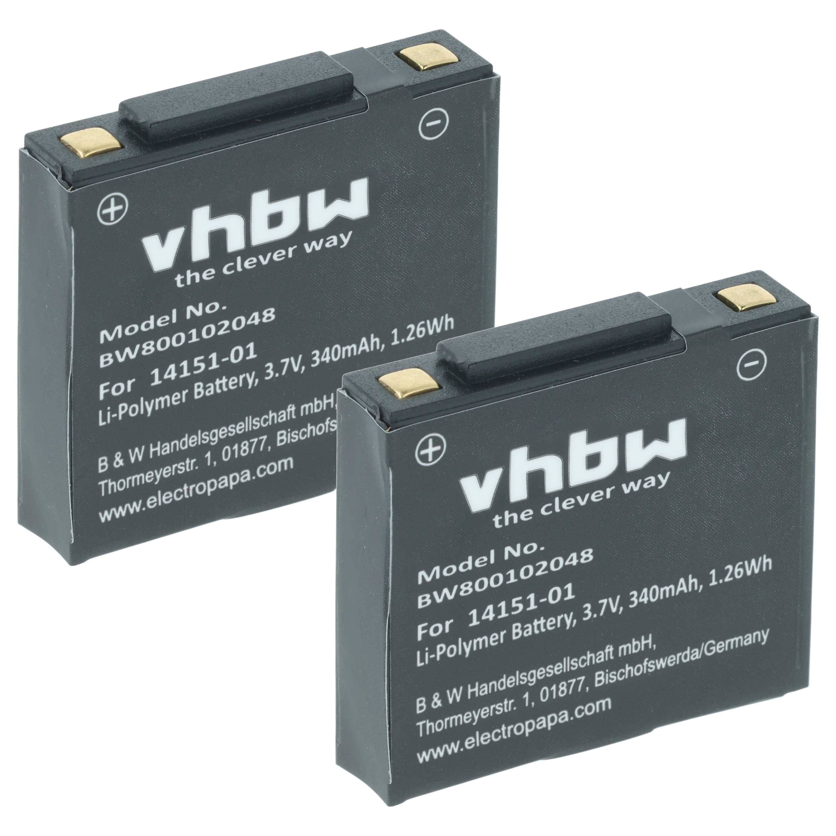 Zwei schwarze vhbw Lithium-Polymer-Kamerabatterien, jede mit der Bezeichnung 3,7V 340mAh, nebeneinander dargestellt.