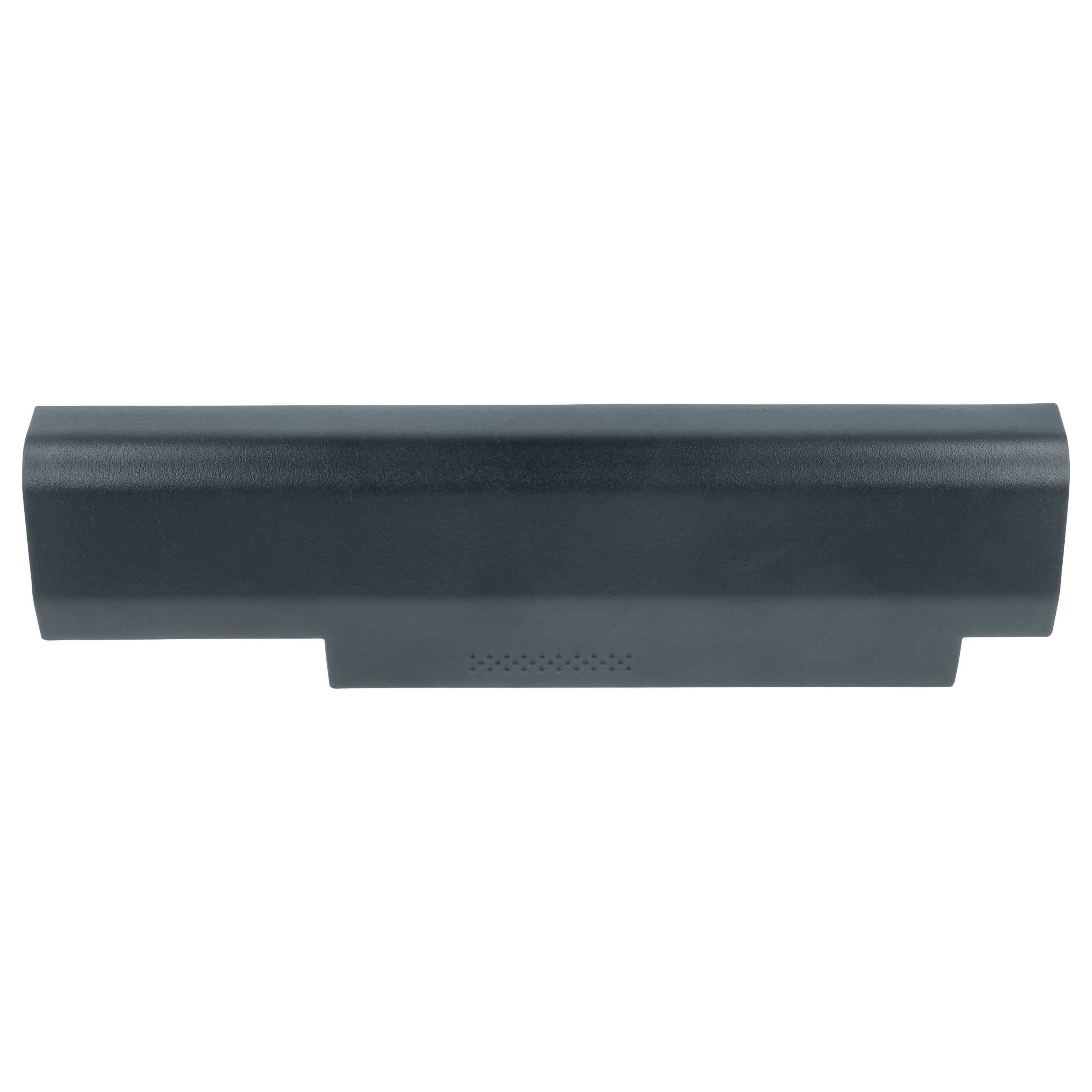 Eine Nahaufnahme einer schwarzen Laptop-Batterie, die eine rechteckige Form mit einer leichten Ausbuchtung am unteren Ende zeigt, die auf einem weißen Hintergrund platziert ist.