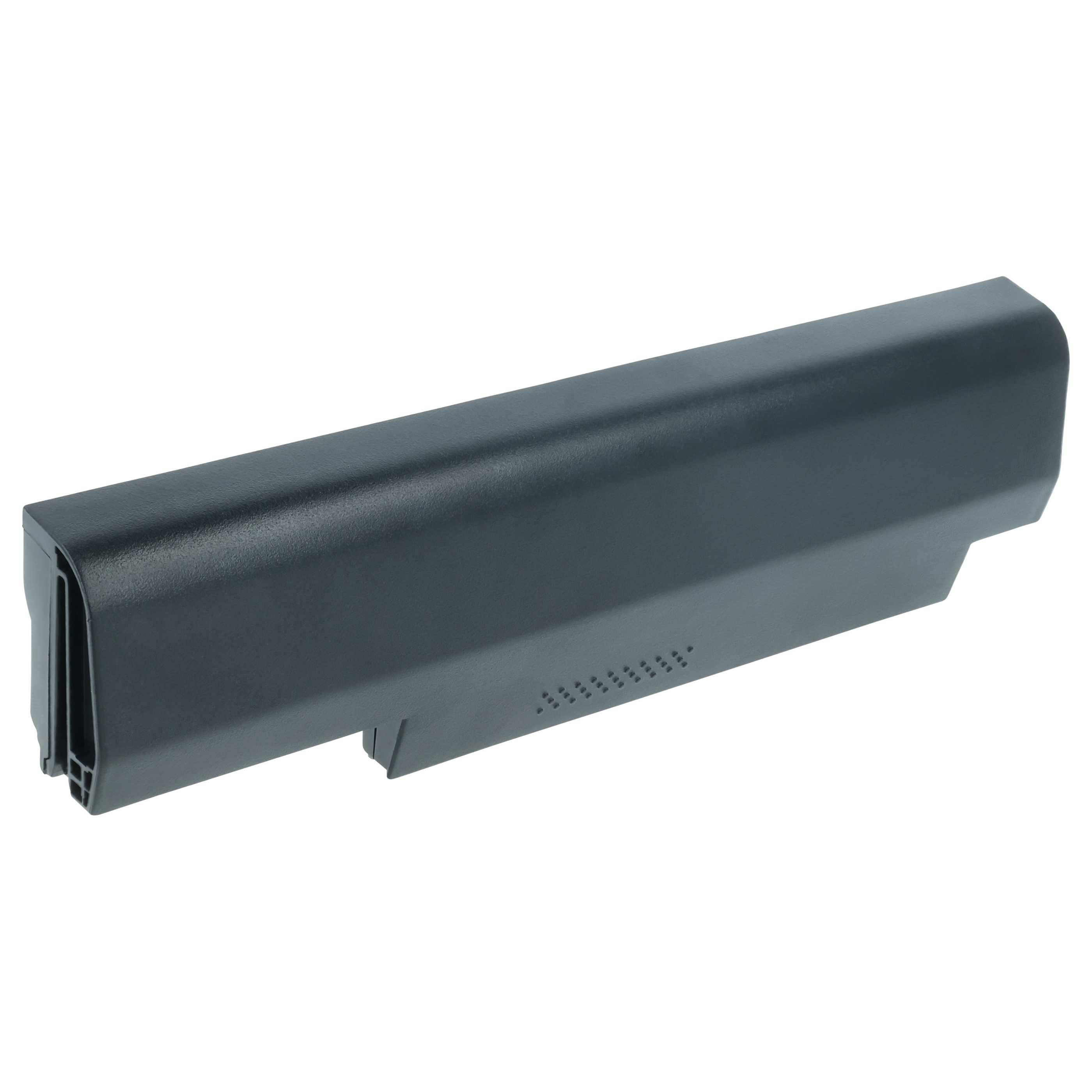 Eine schwarze Laptop-Batterie mit rechteckiger Form und einer Reihe von Lüftungslöchern in der Nähe des unteren Randes.