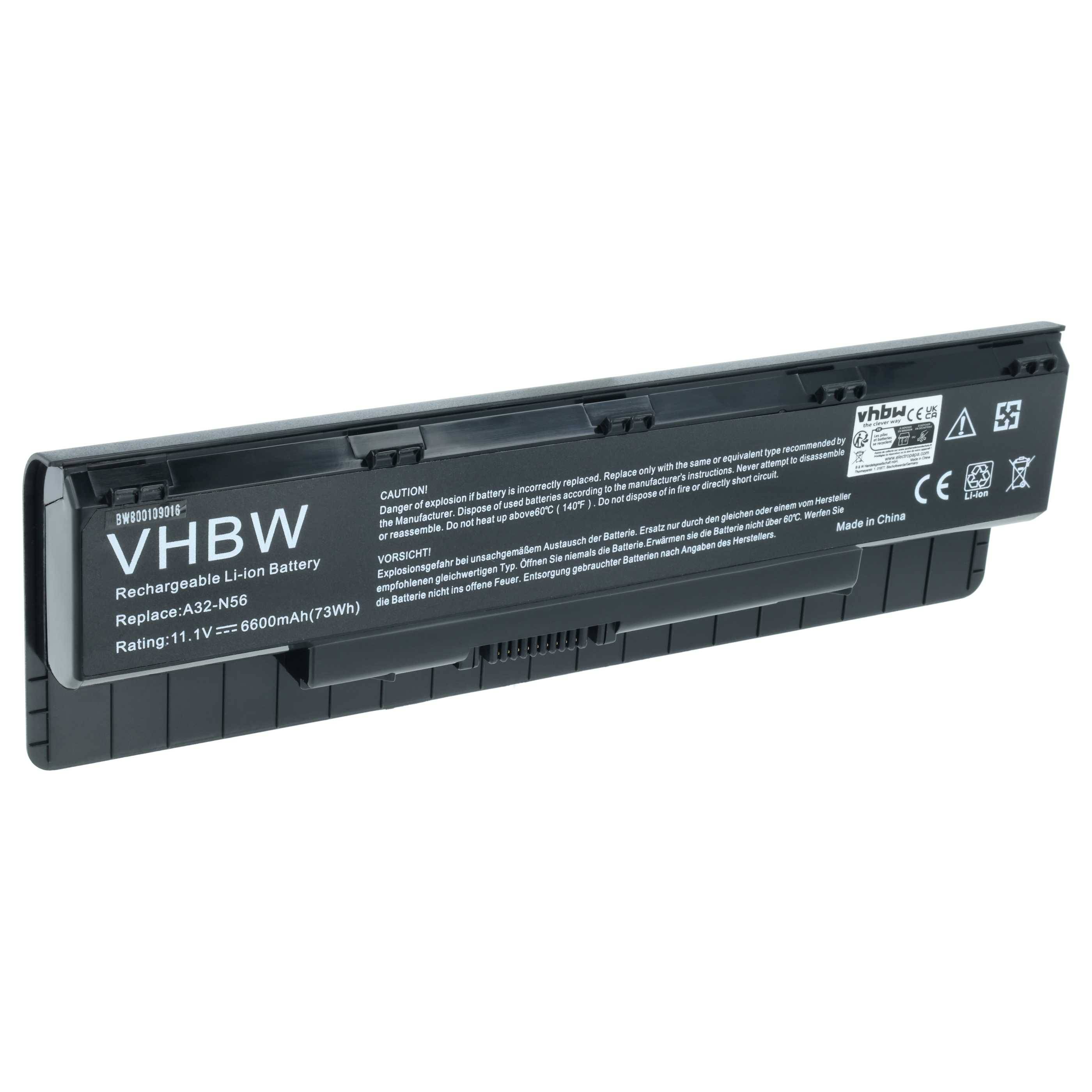 vhbw Akku Ersatz für Asus A32-N56, A31-N56, A33-N56 für Notebook (6600 mAh, 10,8 V, Li-Ion)