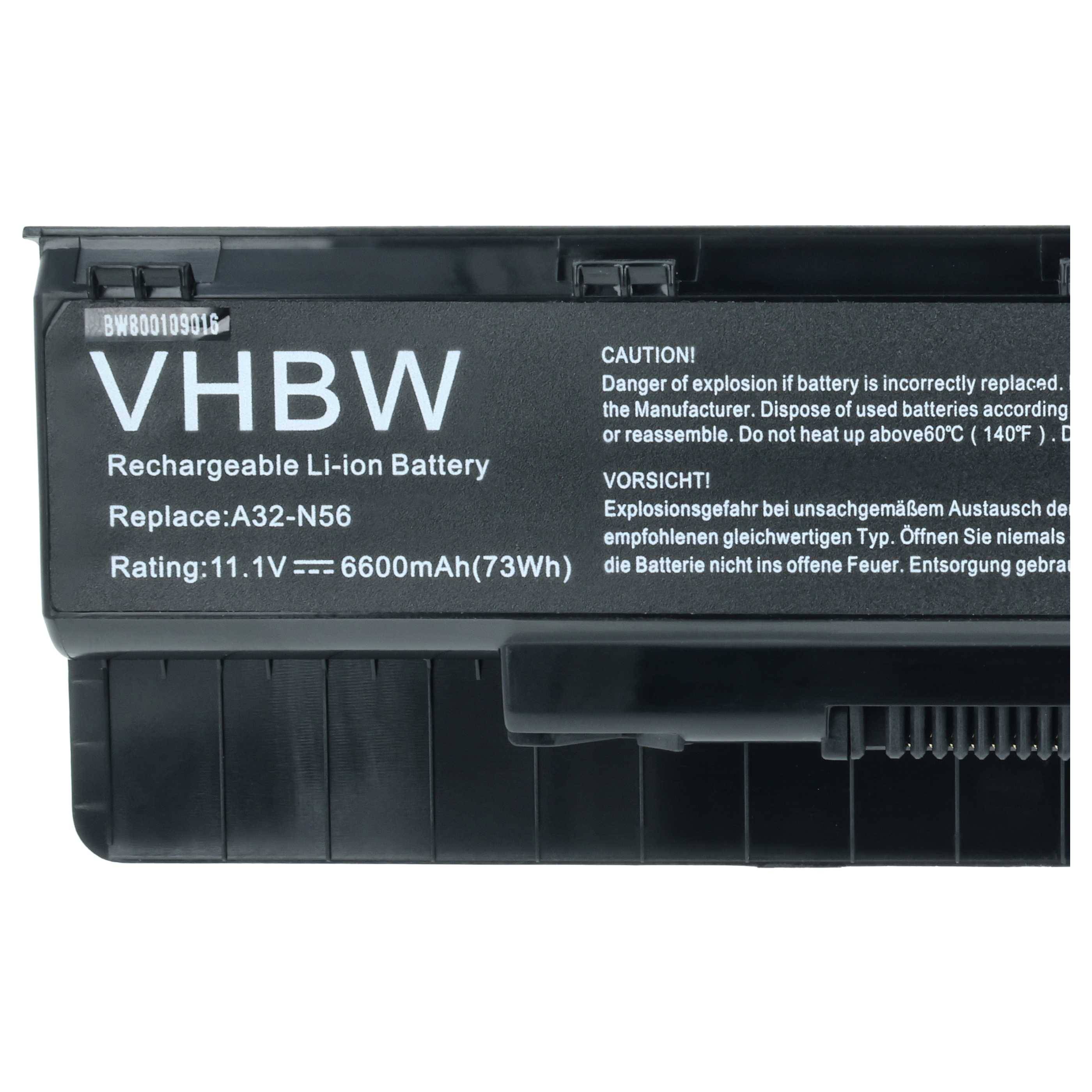 vhbw Akku kompatibel mit Asus N56VZ, N76VZ, N76VM, N76, N76VJ, N76V Notebook (6600 mAh, 10,8 V, Li-Ion)