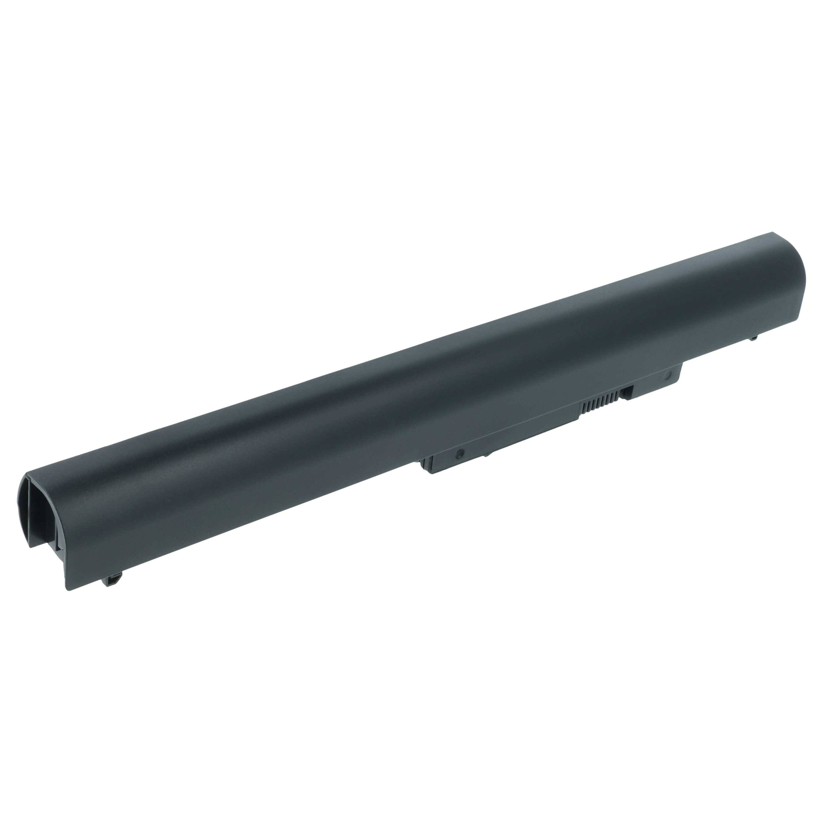 Eine schwarze, längliche Laptop-Batterie mit glatter Oberfläche, die Anschlussanschlüsse auf einer Seite aufweist und für elektronische Geräte bestimmt ist.