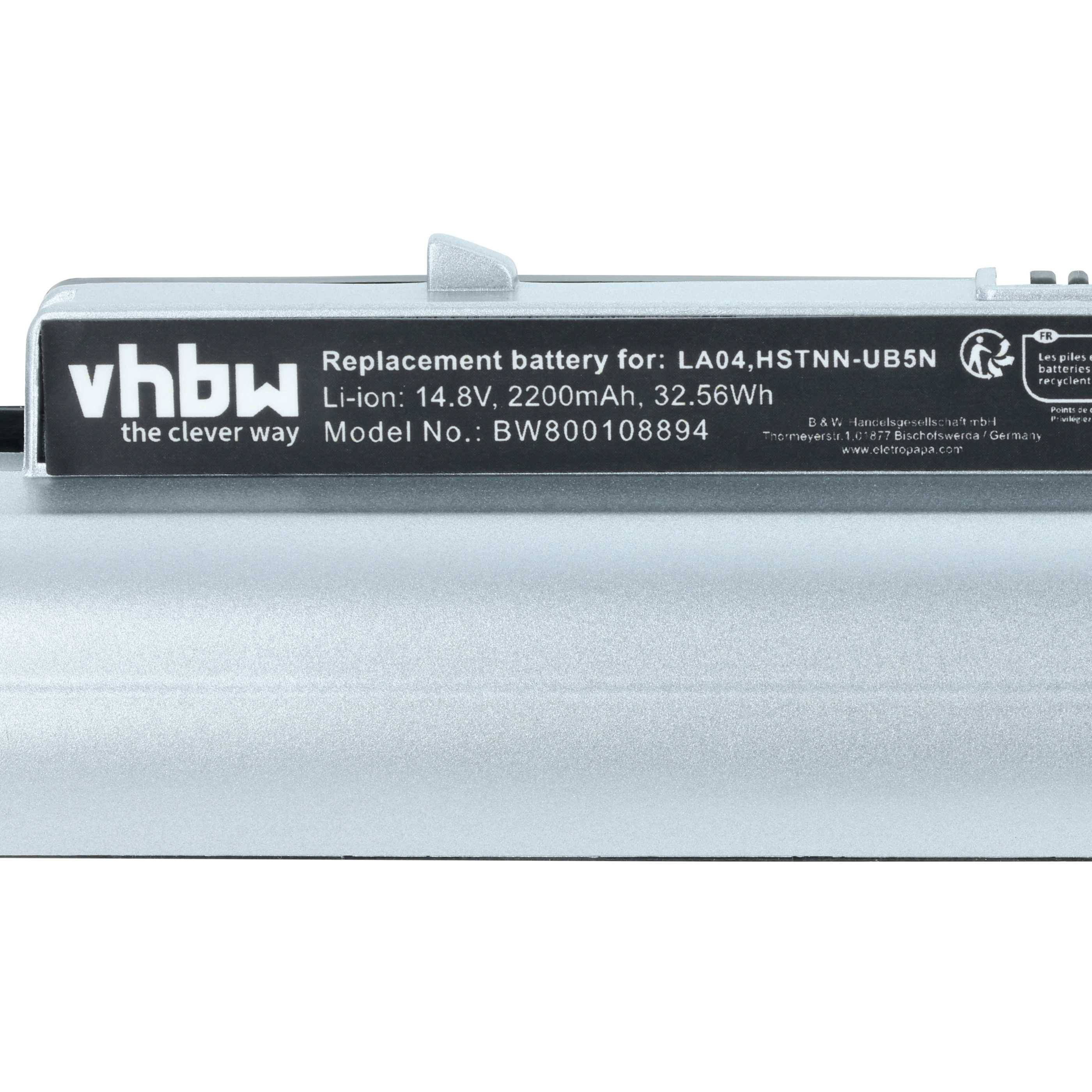 Ein Ersatzakku mit der Bezeichnung „vhbw" für Modell LA04 mit folgenden Spezifikationen: Li-Ionen, 14,8V, 2200mAh, 32,56Wh, Modellnummer BW800108894.