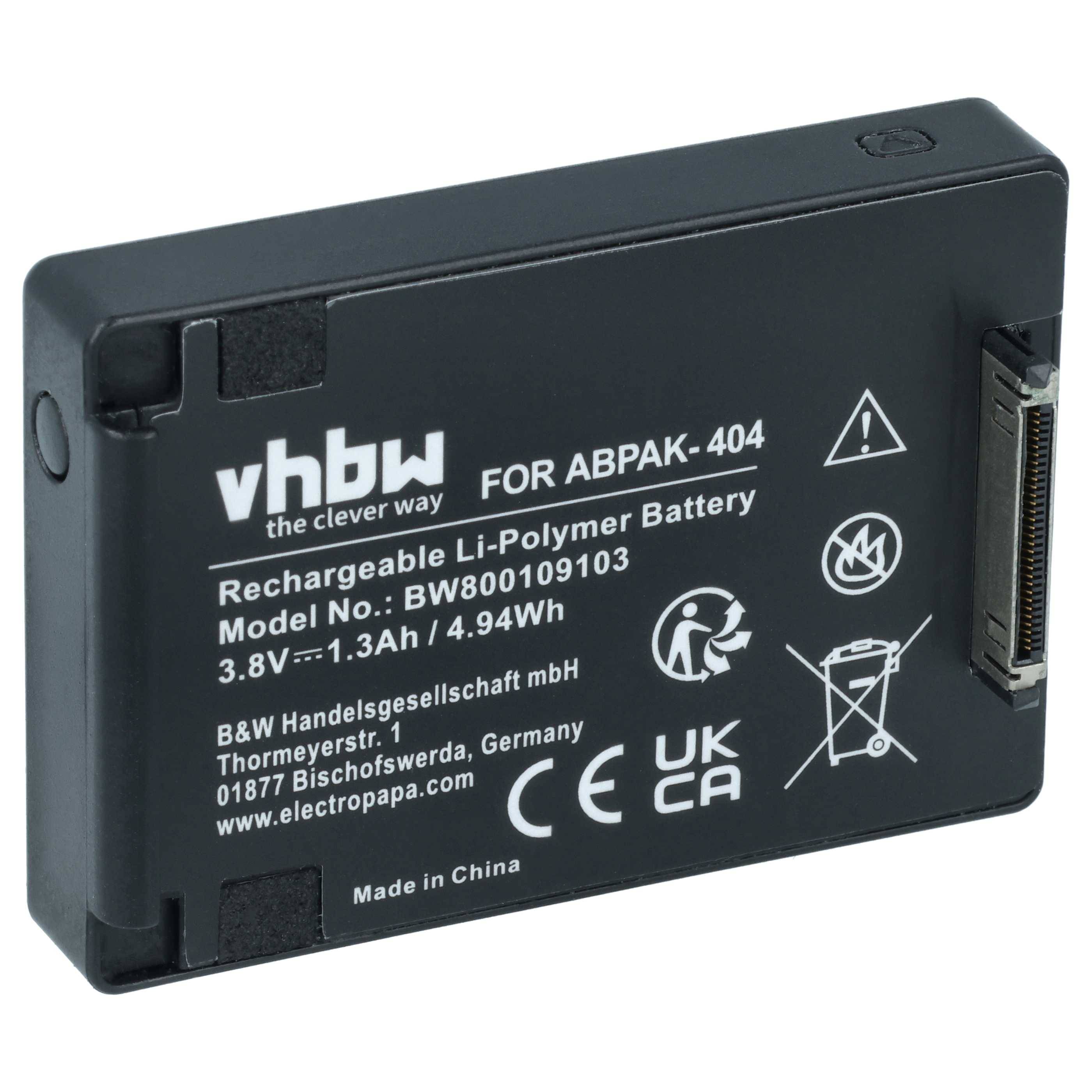 Schwarzer wiederaufladbarer Li-Polymer-Kamerakakku mit vhbw-Kennzeichnung für ABPAK-404, 3,8V 1,3Ah, mit Stecker an der Seite.